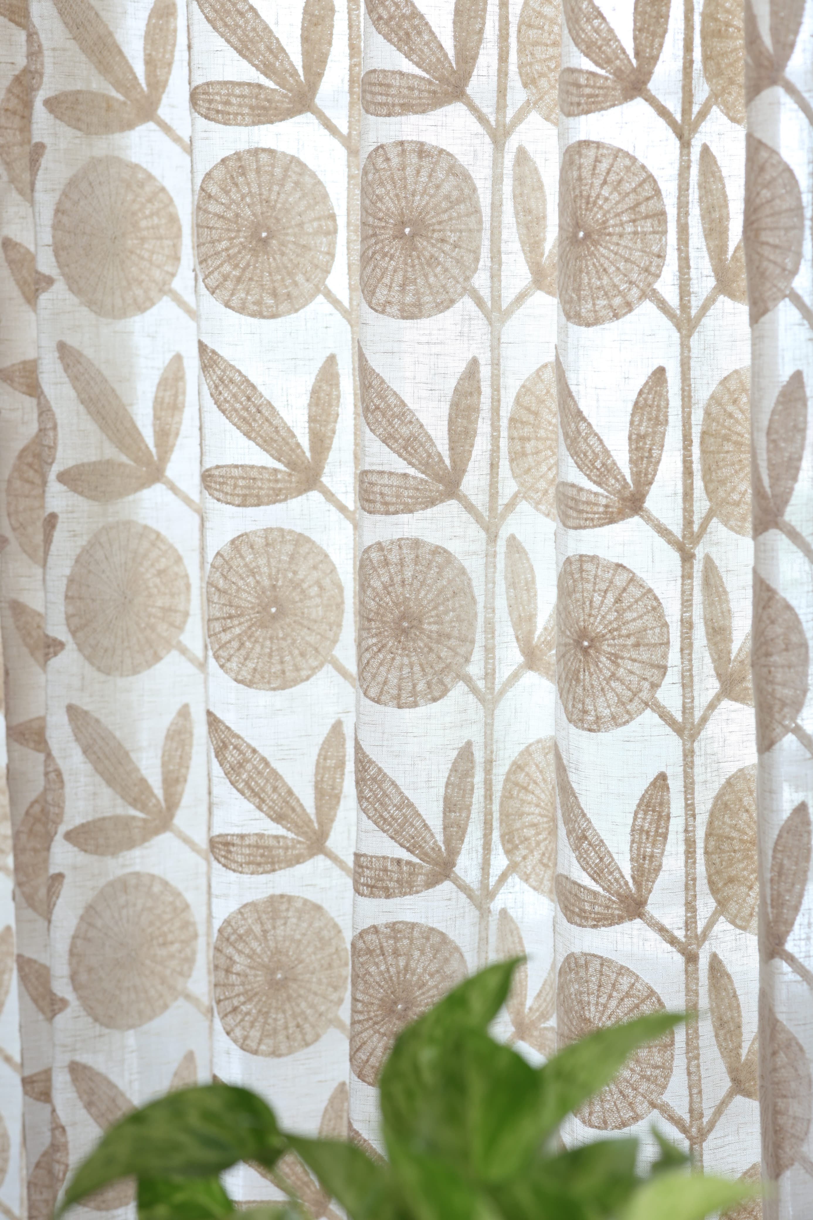 Premium Beige Floral Applique - Feel Embroidery Sheer Curtain