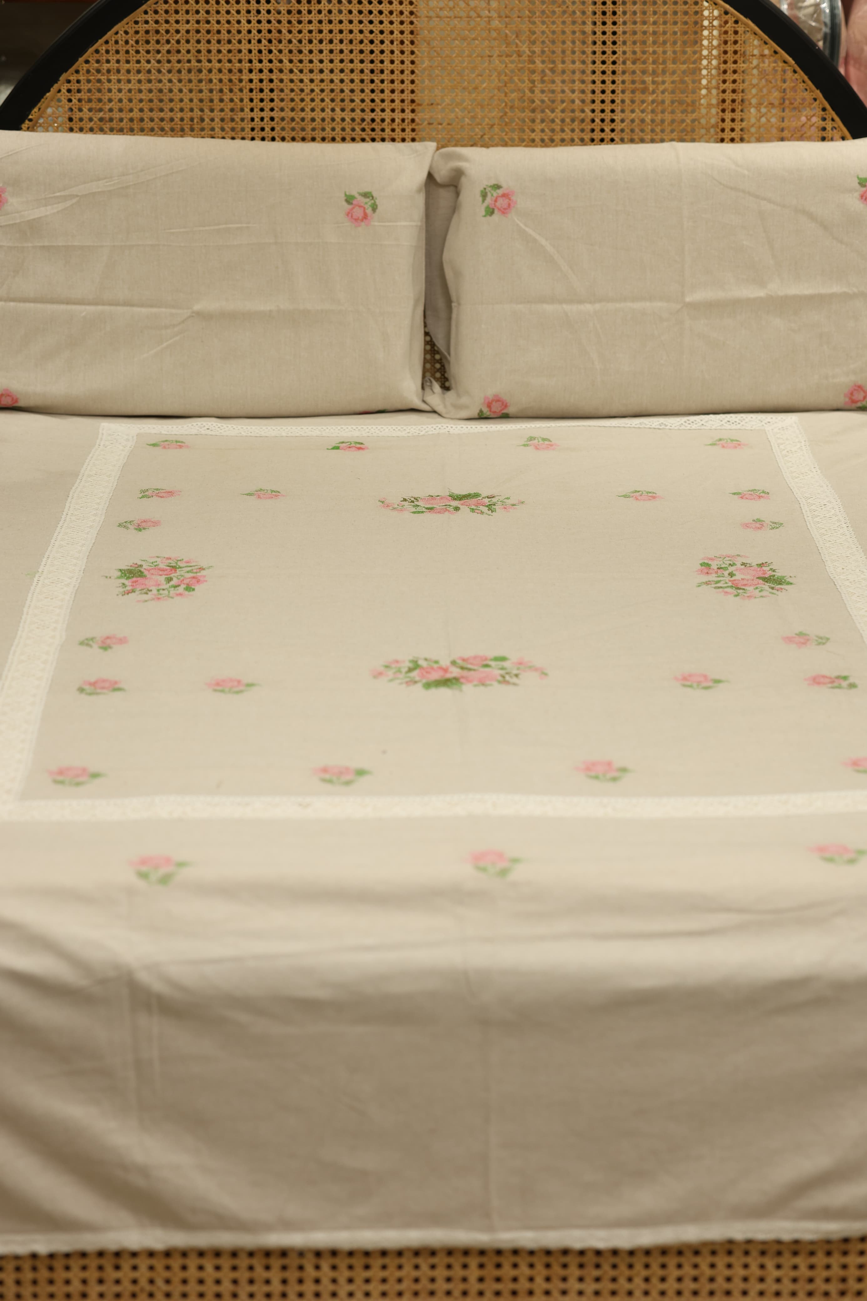 Premium Cross stitch Embroidery Cotton King Size Bedspread Set
