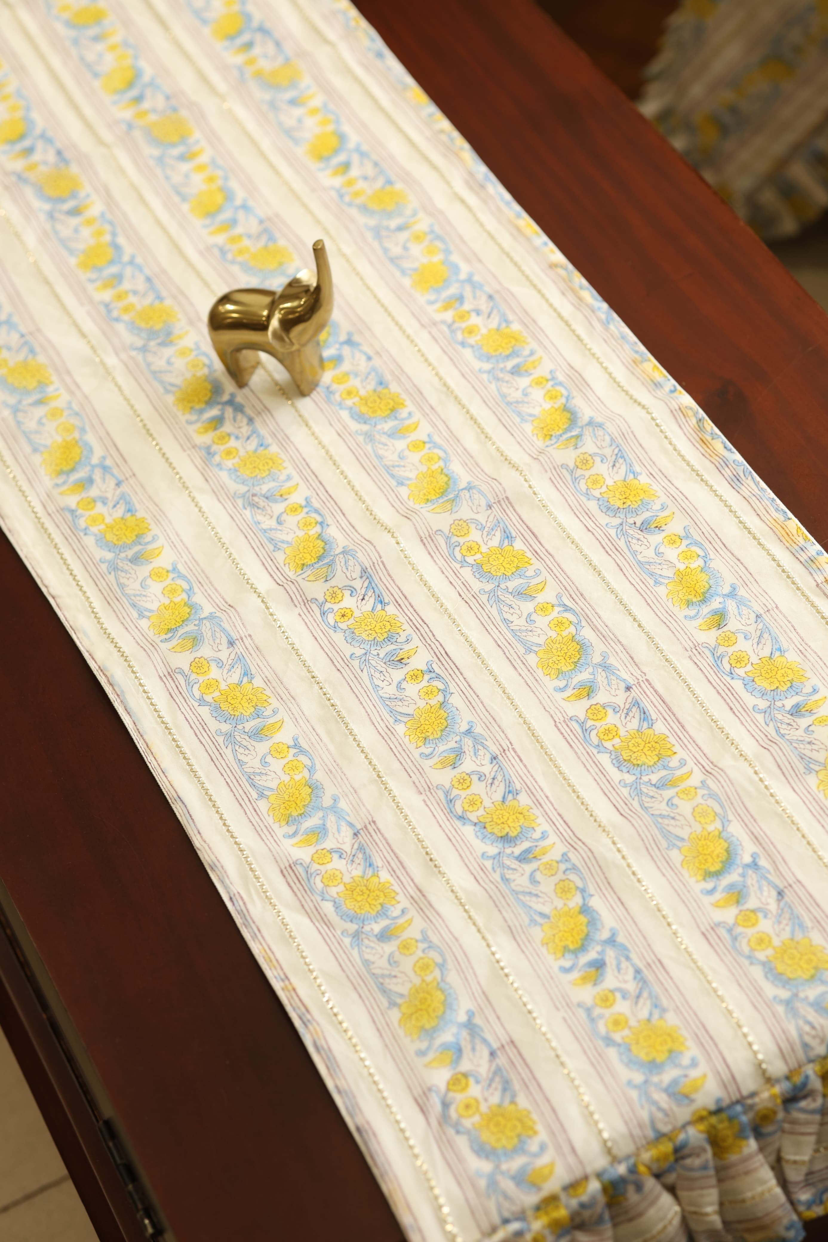 Onam Handblock Table Runner with Ruffled Edges - 4 seater