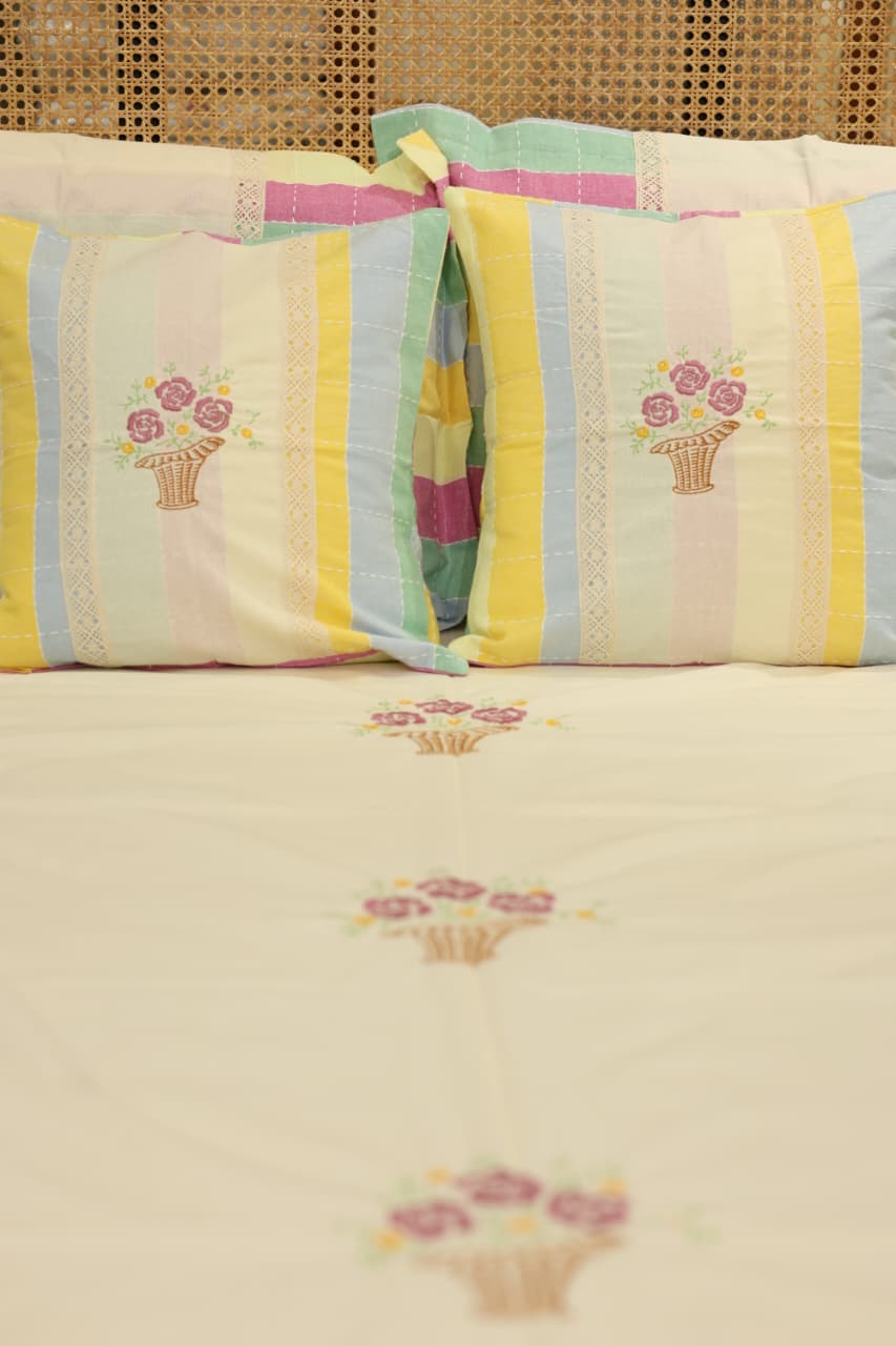 Pastel Stripe Premium Embroidery Cotton King Size Bedspread Set