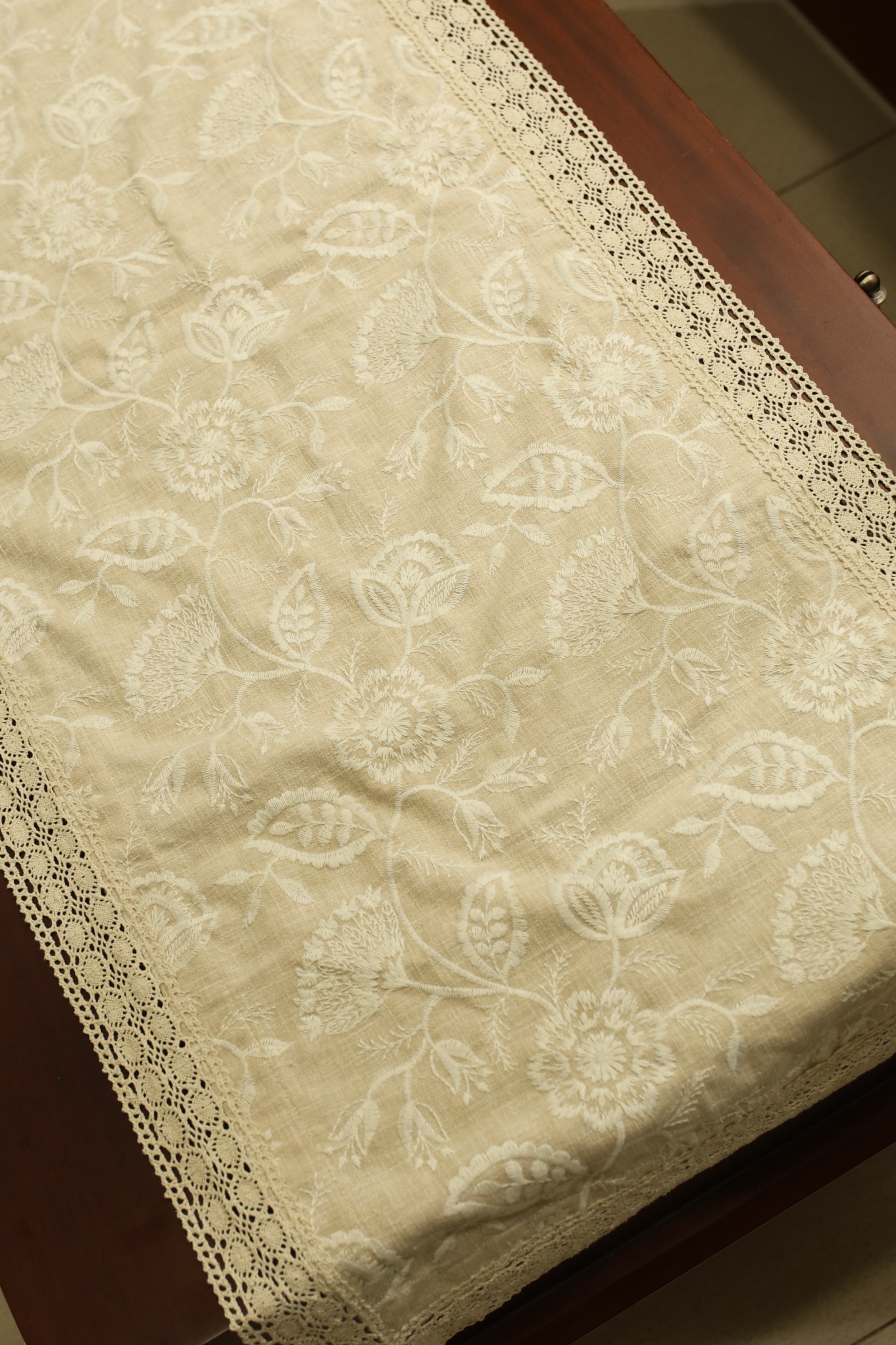 Embroidered Floral 6 Seater Table Runner with Lace Border