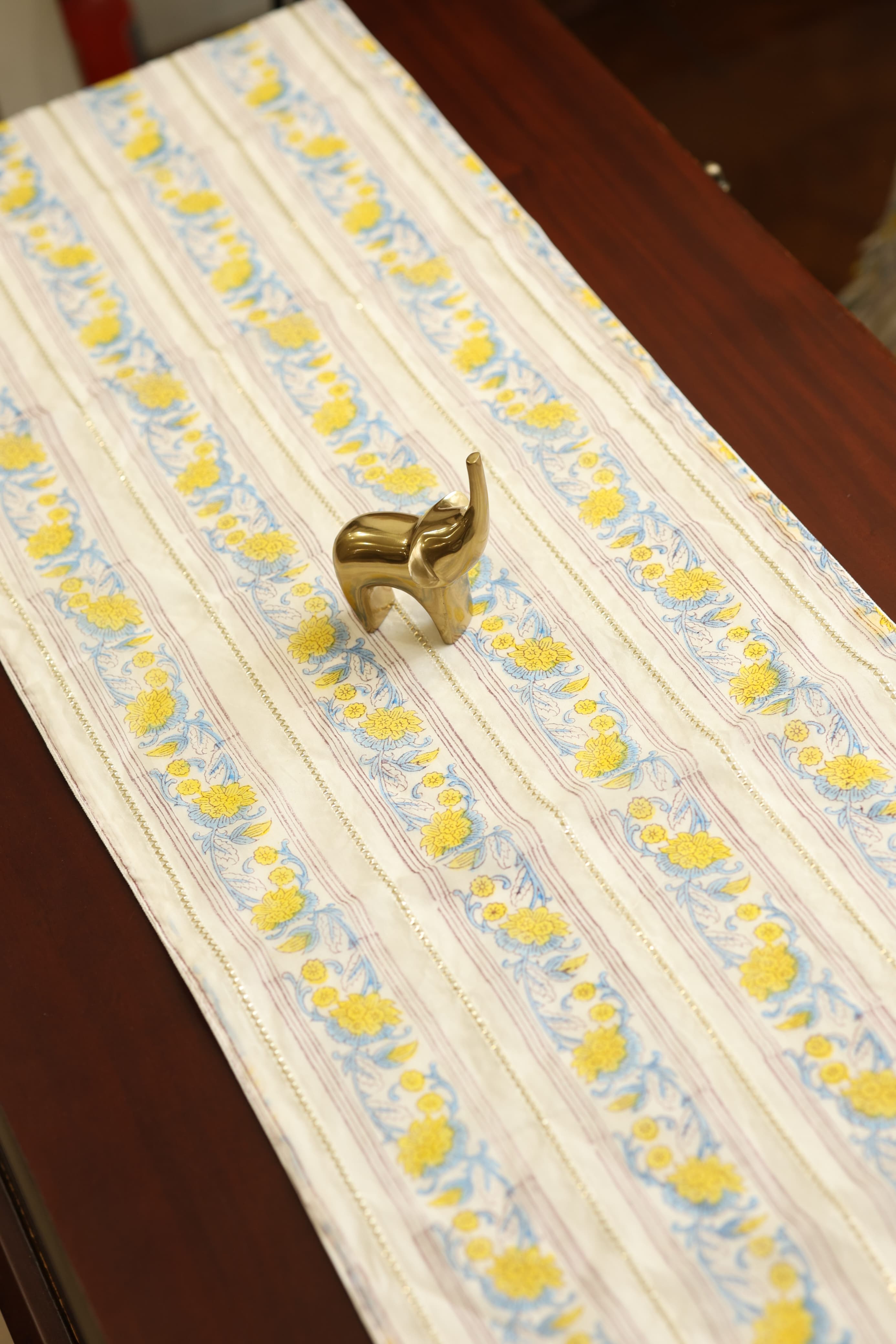 Onam Handblock Table Runner with Ruffled Edges - 4 seater