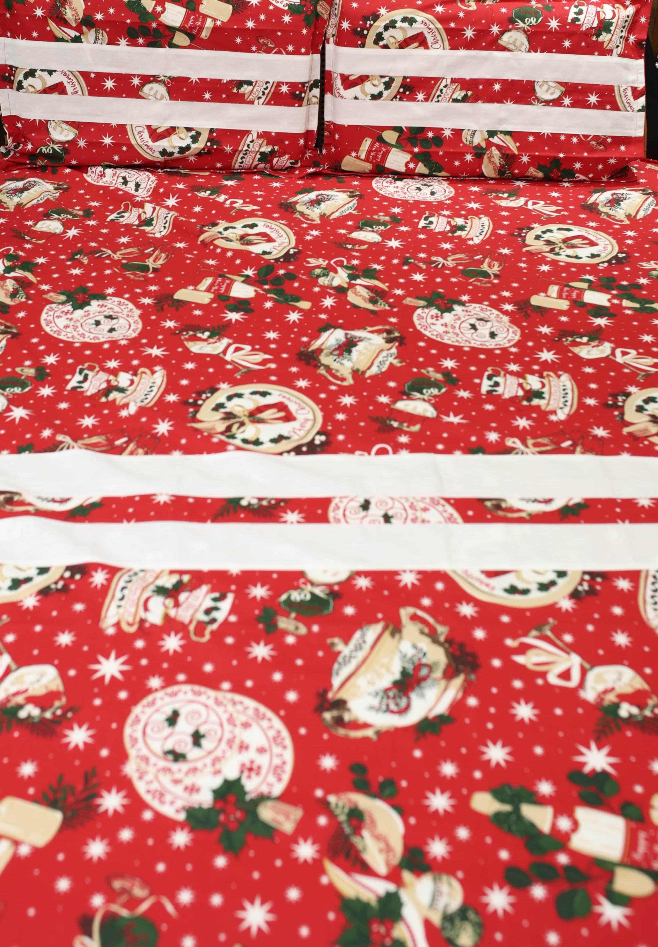 Bedsheets - Queen Premium check floral embroidery  bedsheet Xmas theme edition