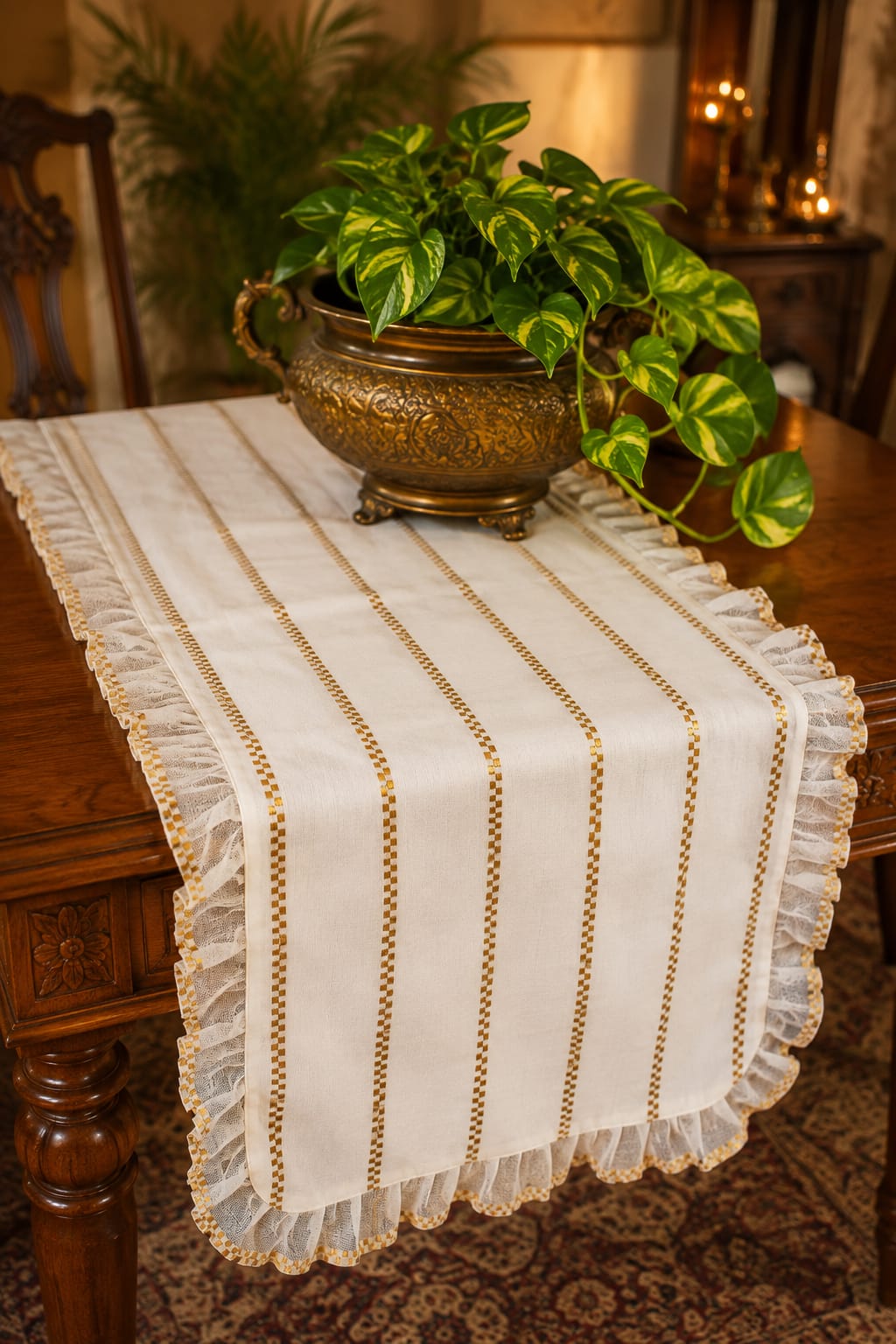 Onam Striped Table Runner with Ruffled Edges - 6 seater