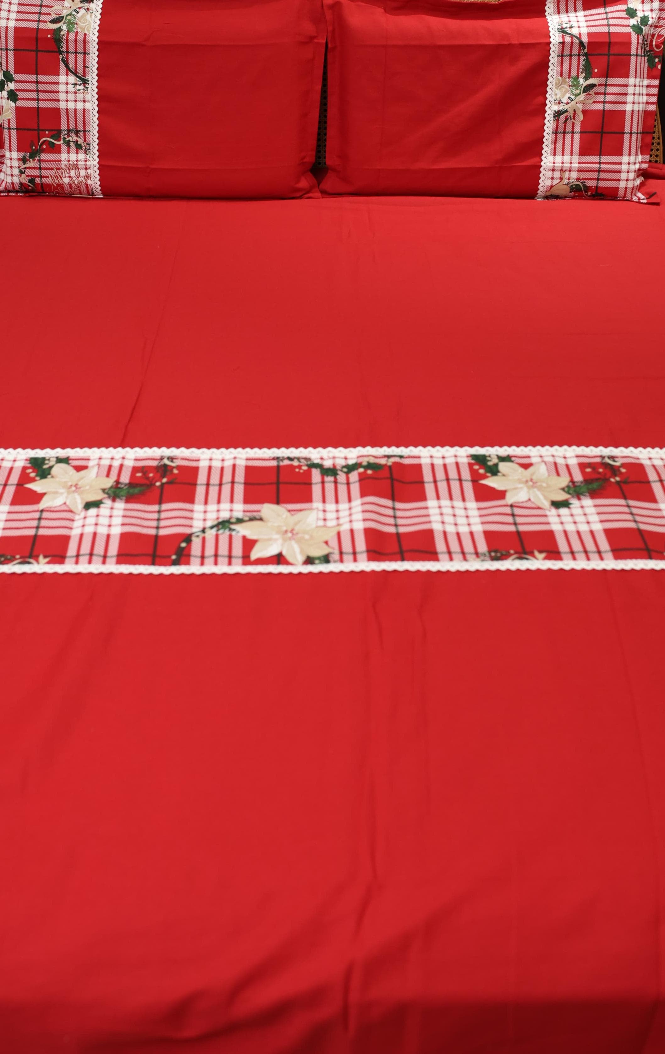Bedsheets - Queen Premium check floral embroidery  bedsheet Xmas theme edition