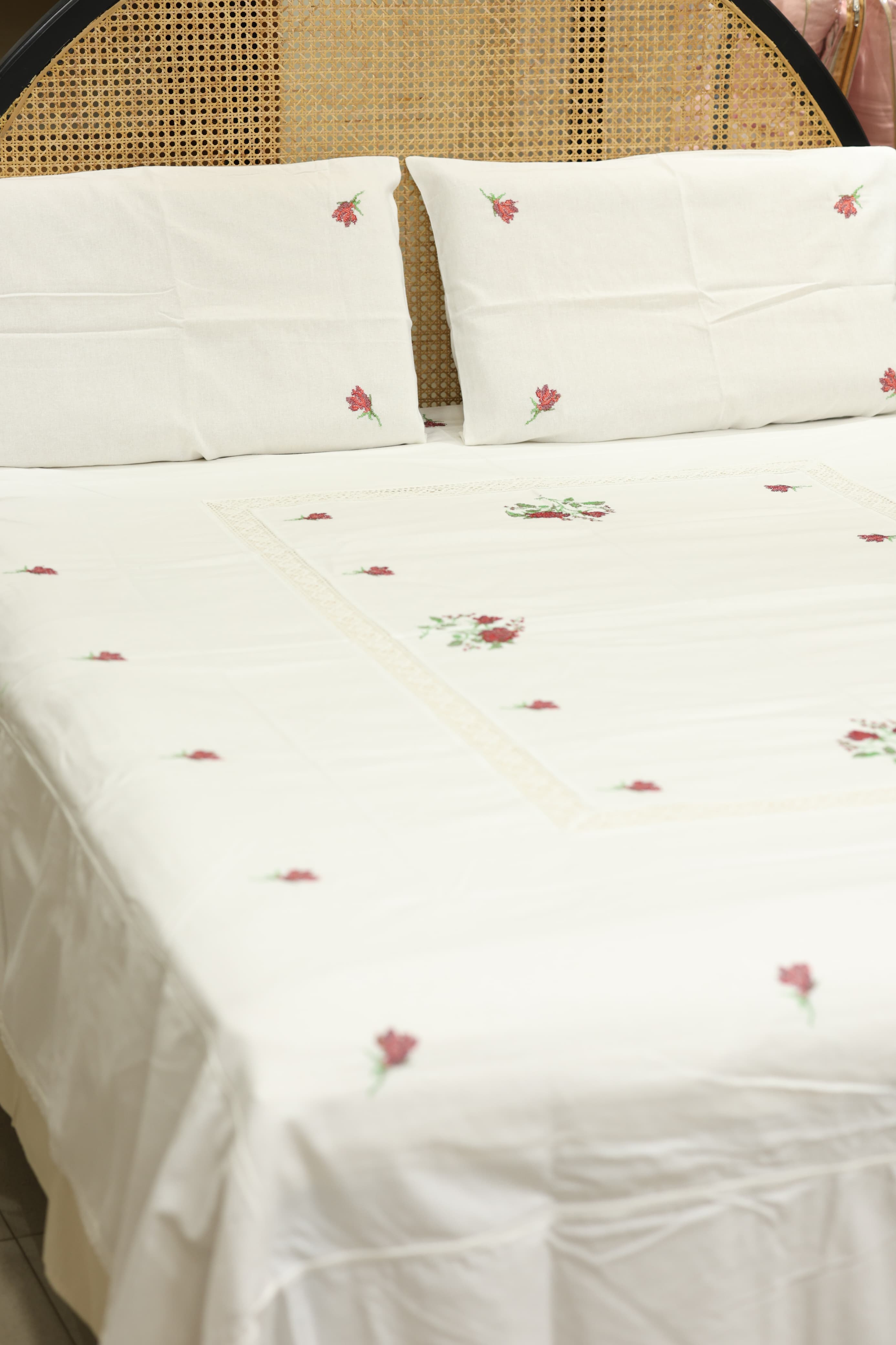 Premium Cross stitch Embroidery Cotton King Size Bedspread Set