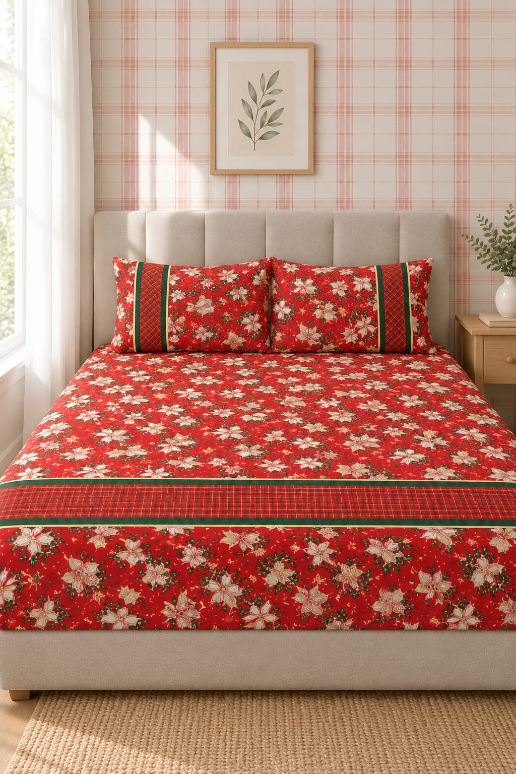 Bedsheets - Queen Premium check floral embroidery  bedsheet Xmas theme edition