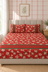Bedsheets - Queen Premium check floral embroidery  bedsheet Xmas theme edition