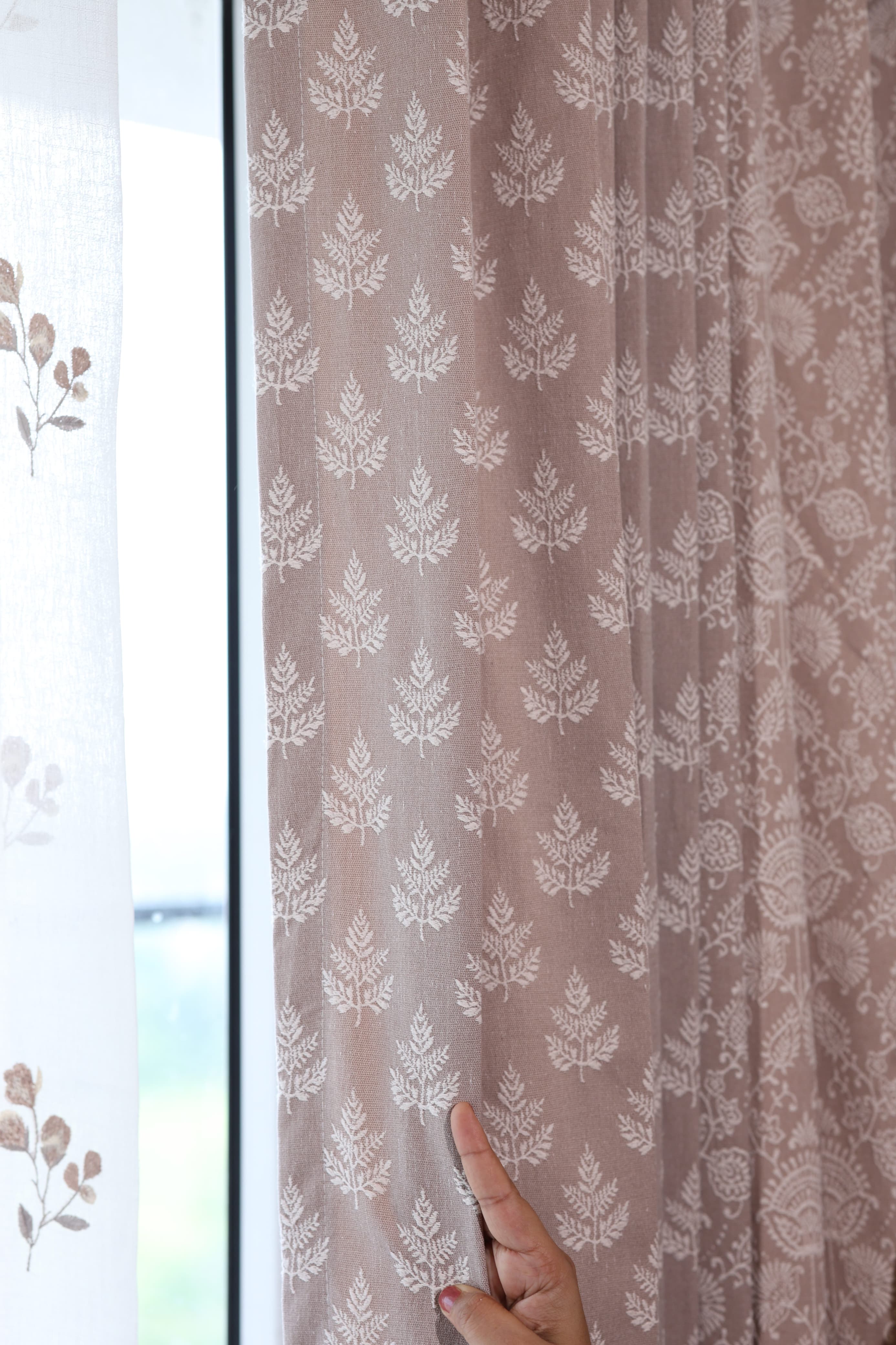 Injiri Premium Opaque Embroidery Curtain - Earth Pastel Botanical Leaf Motif