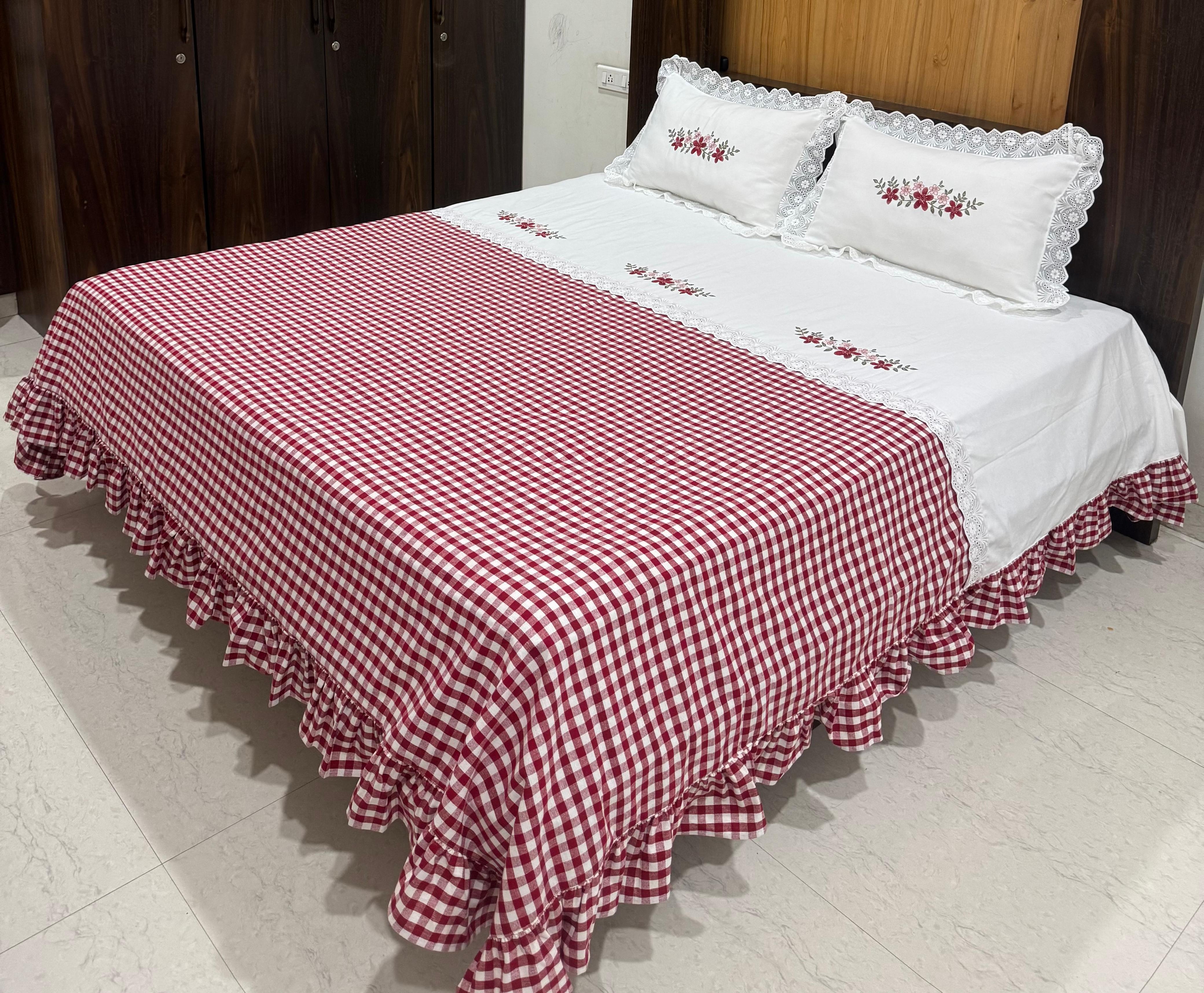 Bedsheets - King Premium check floral embroidery bedsheet Xmas edition