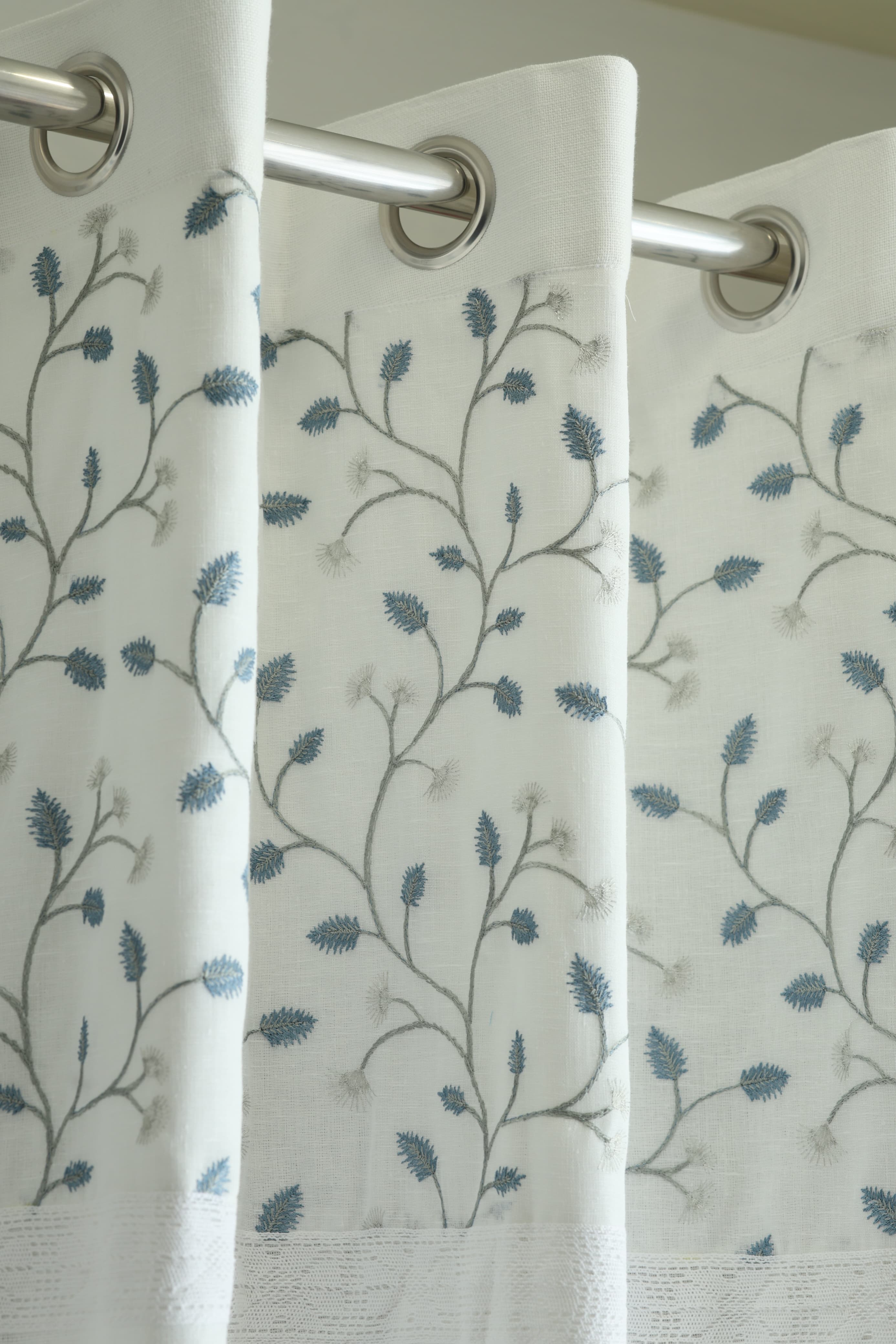 Premium White Opaque Curtain with Blue Floral Embroidery
