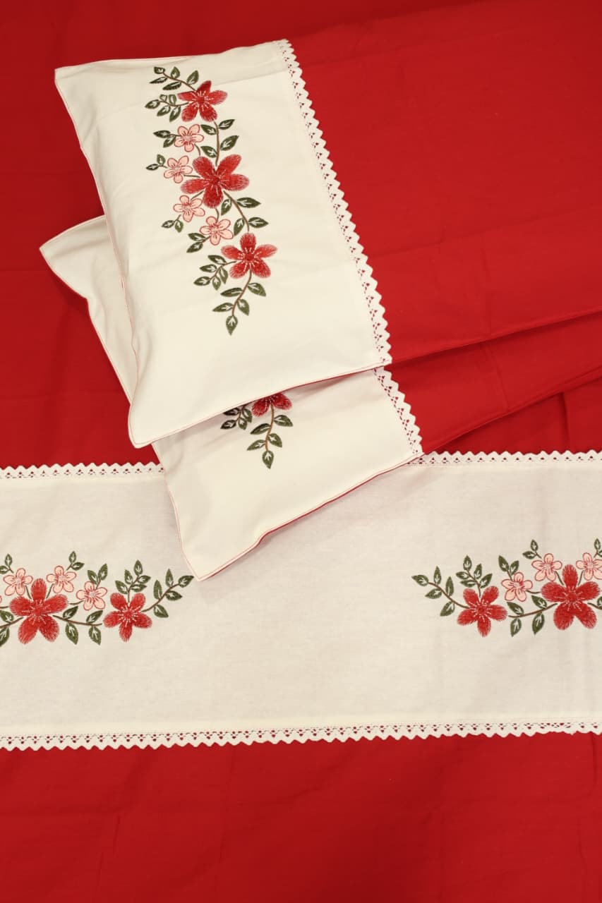 Bedsheets - Queen Premium check floral embroidery  bedsheet Xmas theme edition