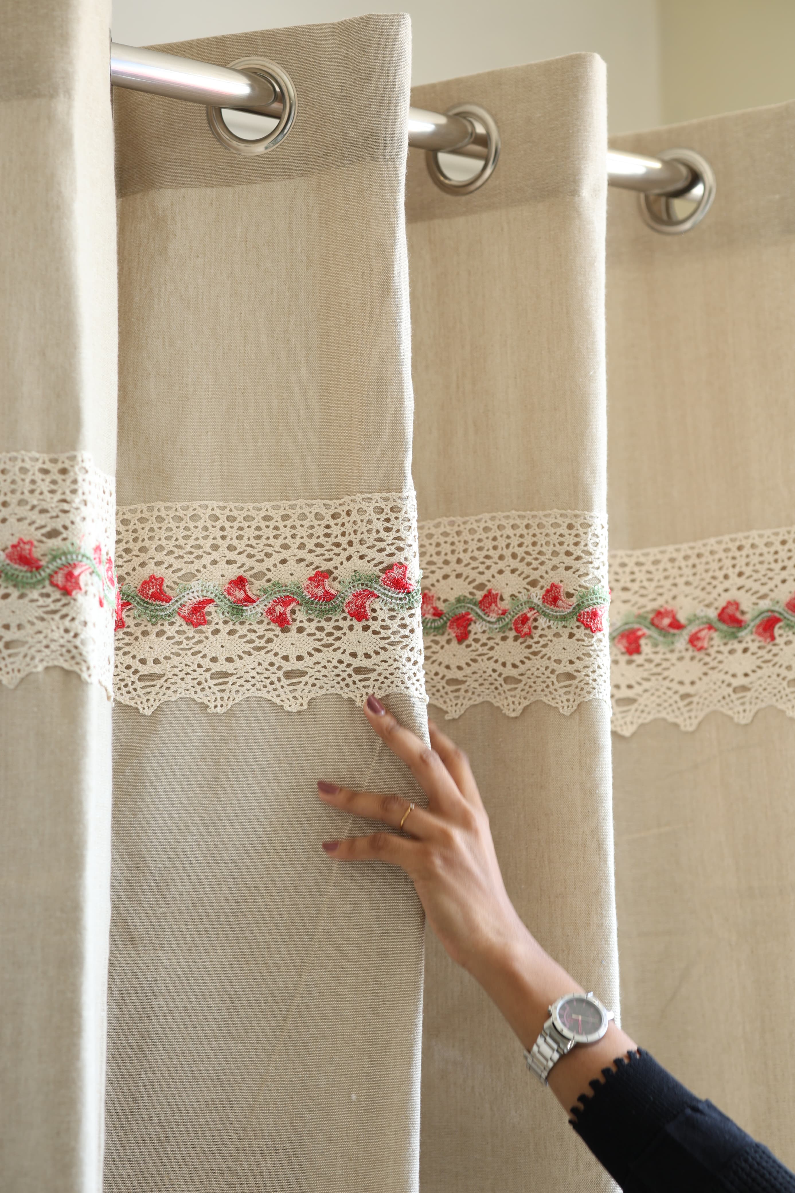 Natural Beige Opaque Curtain with Red Floral Crochet Lace Trim