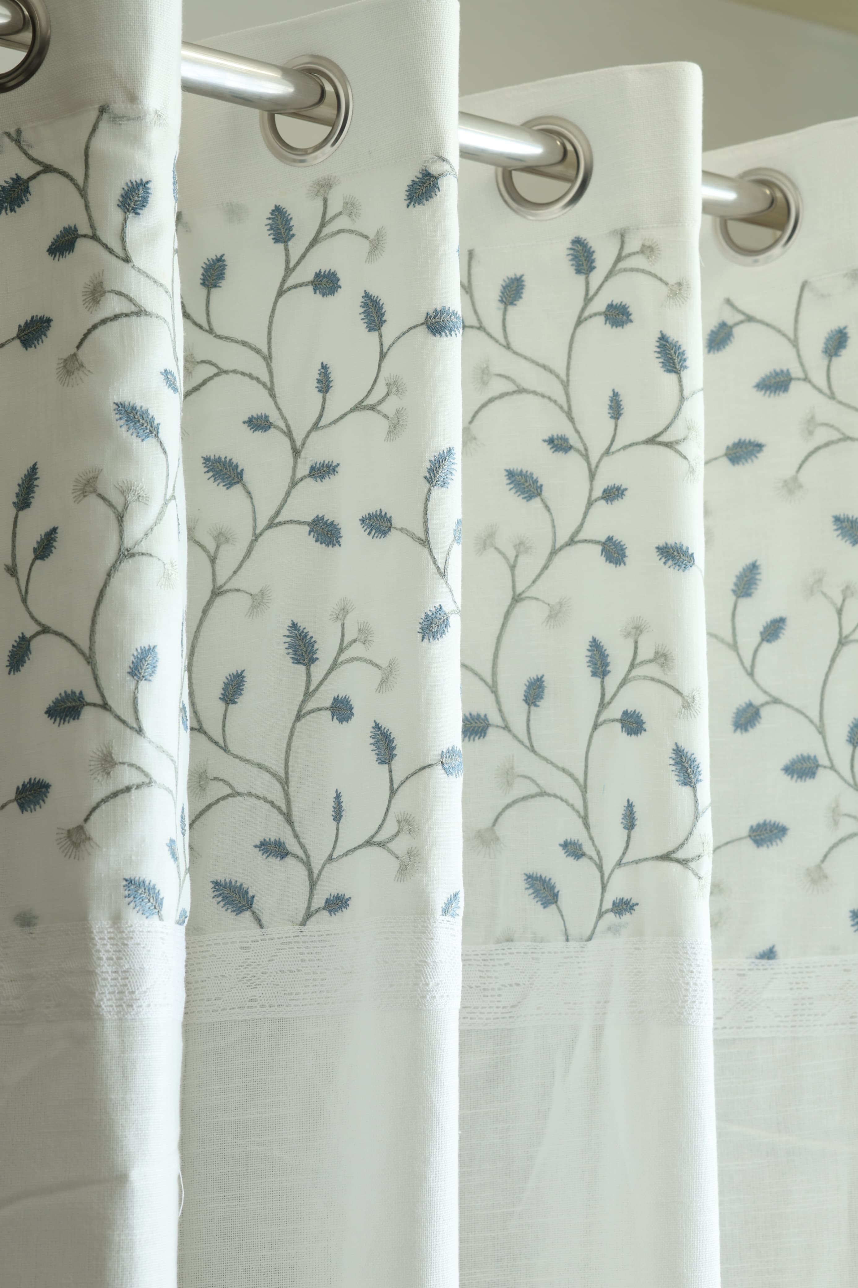 Premium White Opaque Curtain with Blue Floral Embroidery