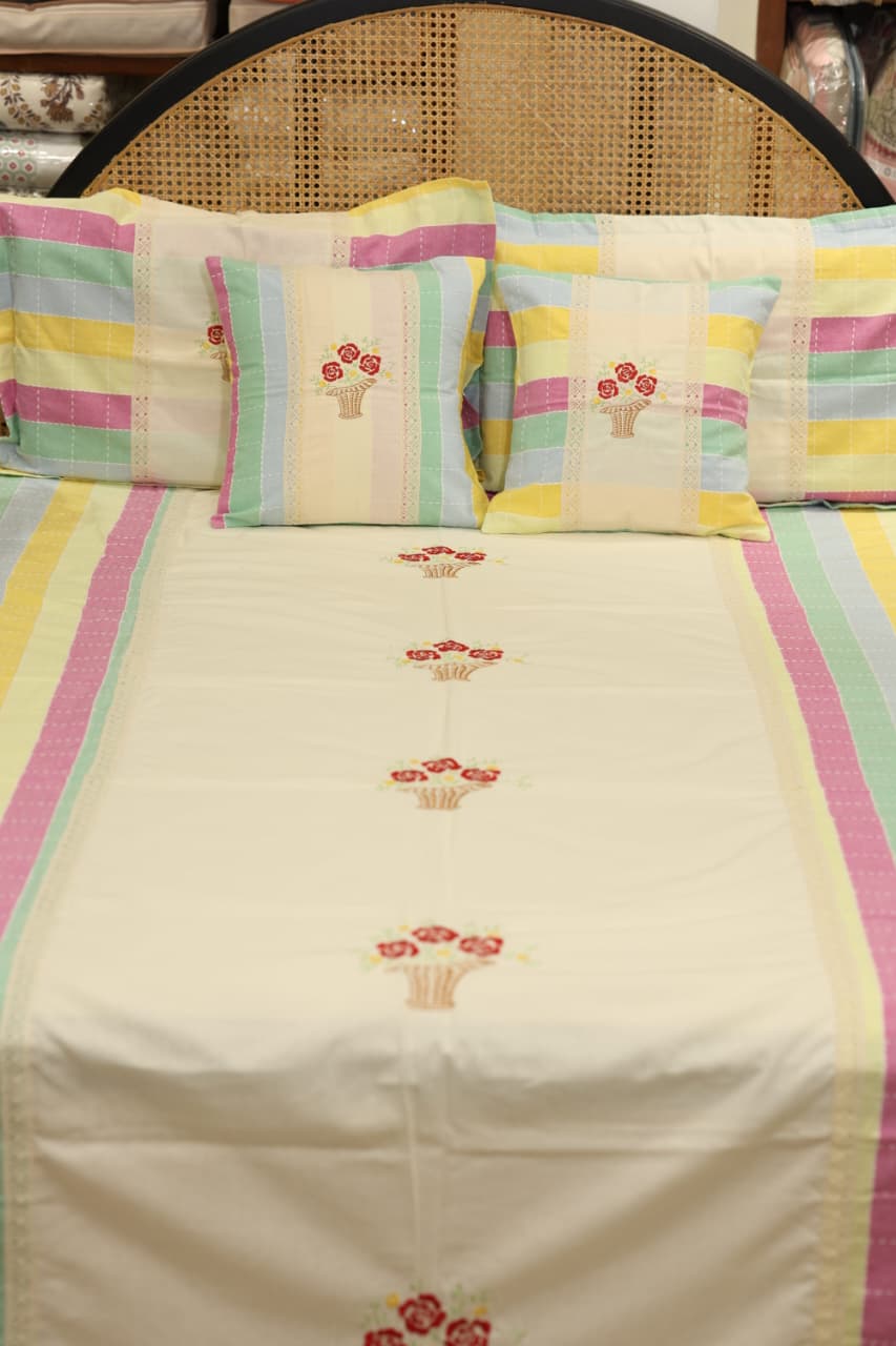 Pastel Stripe Premium Embroidery Cotton King Size Bedspread Set Cottage collections 3