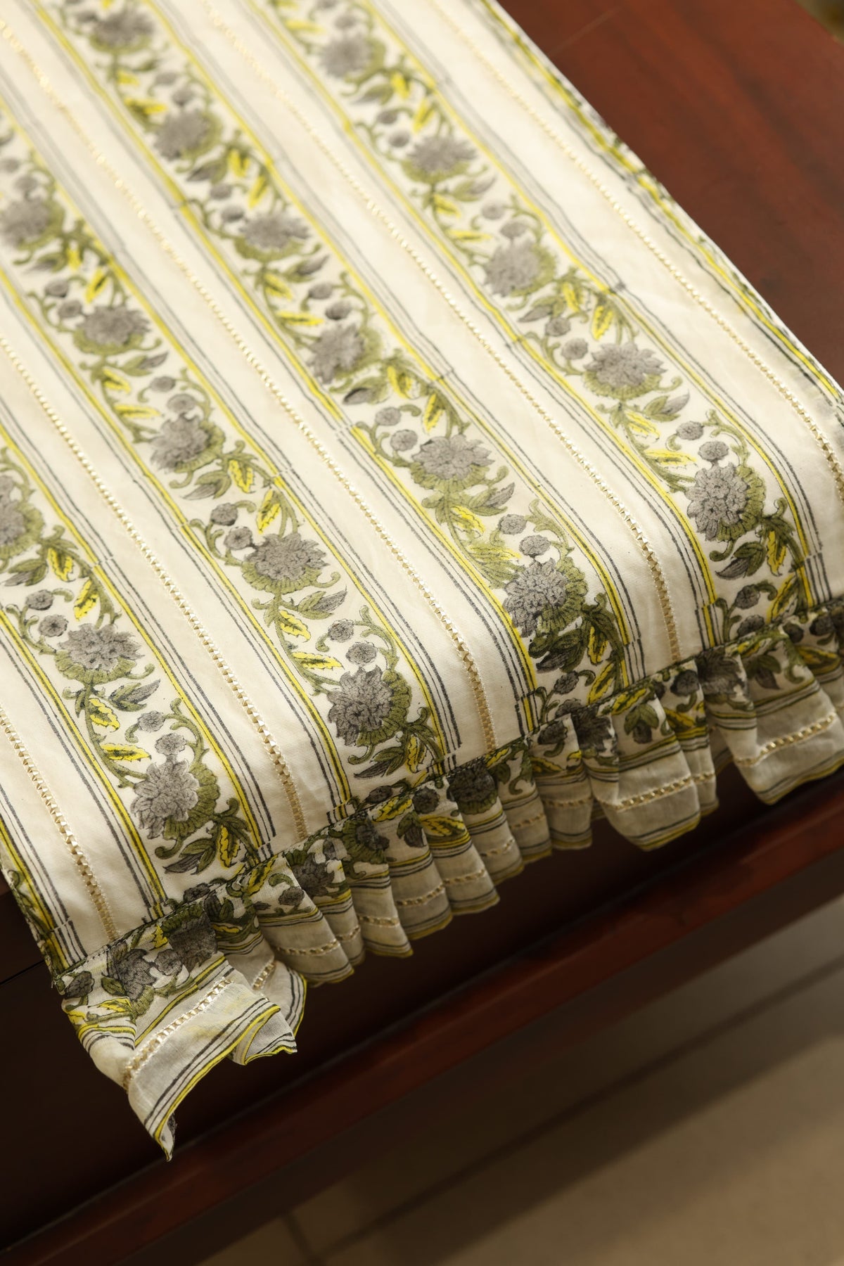 Onam Handblock Table Runner with Ruffled Edges - 4 seater