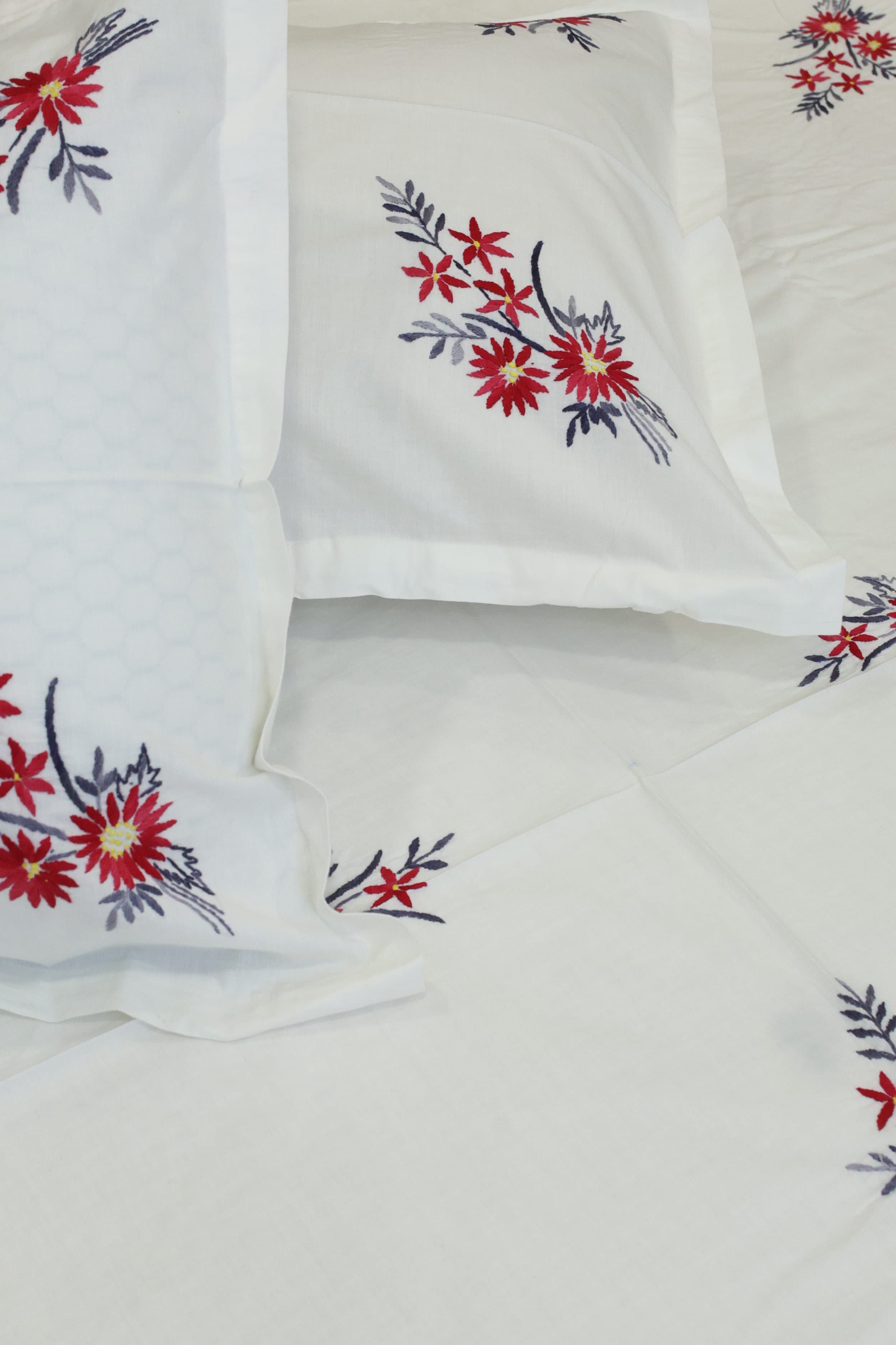 Premium Hand Embroidery Cotton King Size Bedsheet Set with 2 Pillow Covers HEK