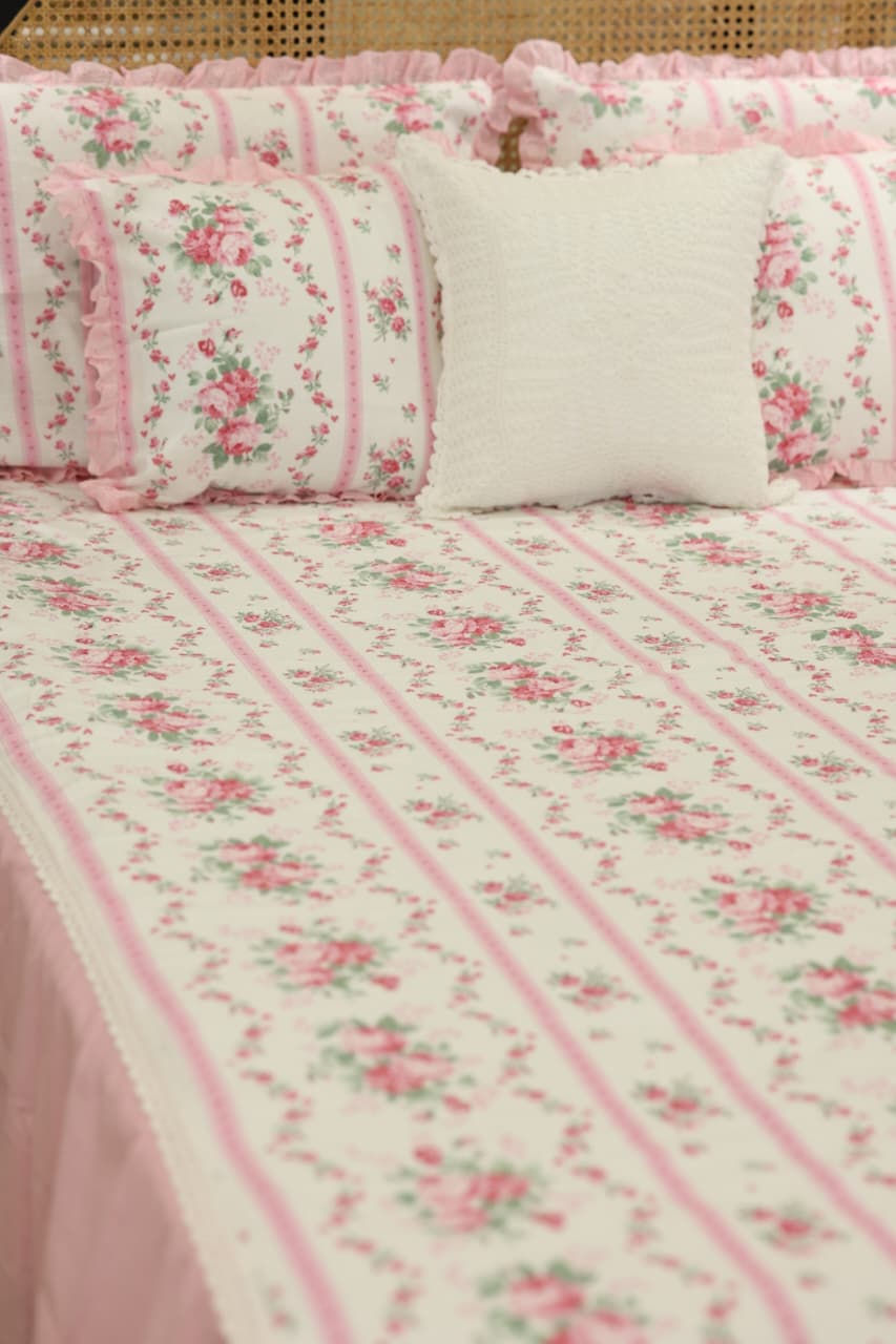 Bedsheets - Premium Queen floral printed lace bedsheet with cushion covers Rosebud