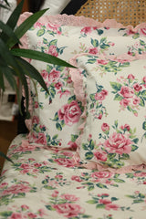Bedsheets - Premium king floral printed lace bedsheet with cushion covers rose bud
