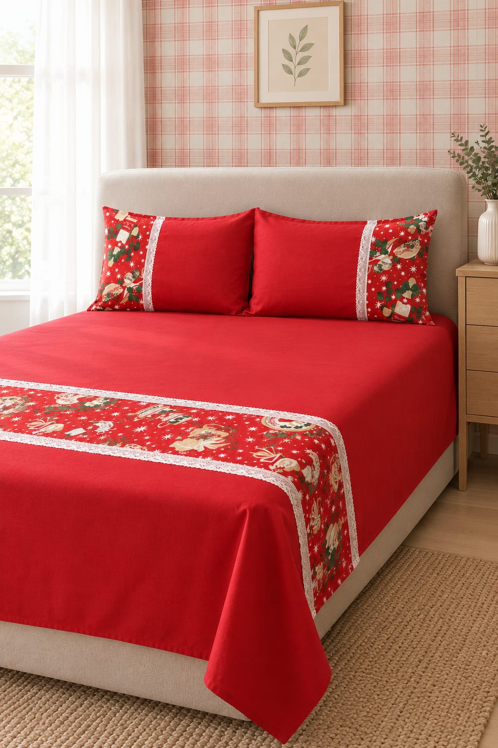Bedsheets - Queen Premium floral Lace bedsheet Xmas theme edition