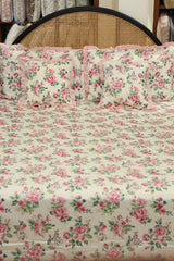 Bedsheets - Premium king floral printed lace bedsheet with cushion covers rose bud