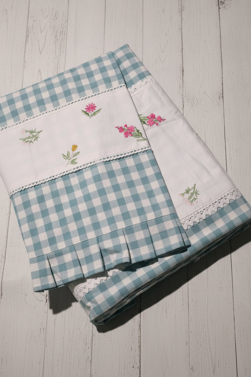 Bedsheets - Queen Premium check floral embroidery  bedsheet