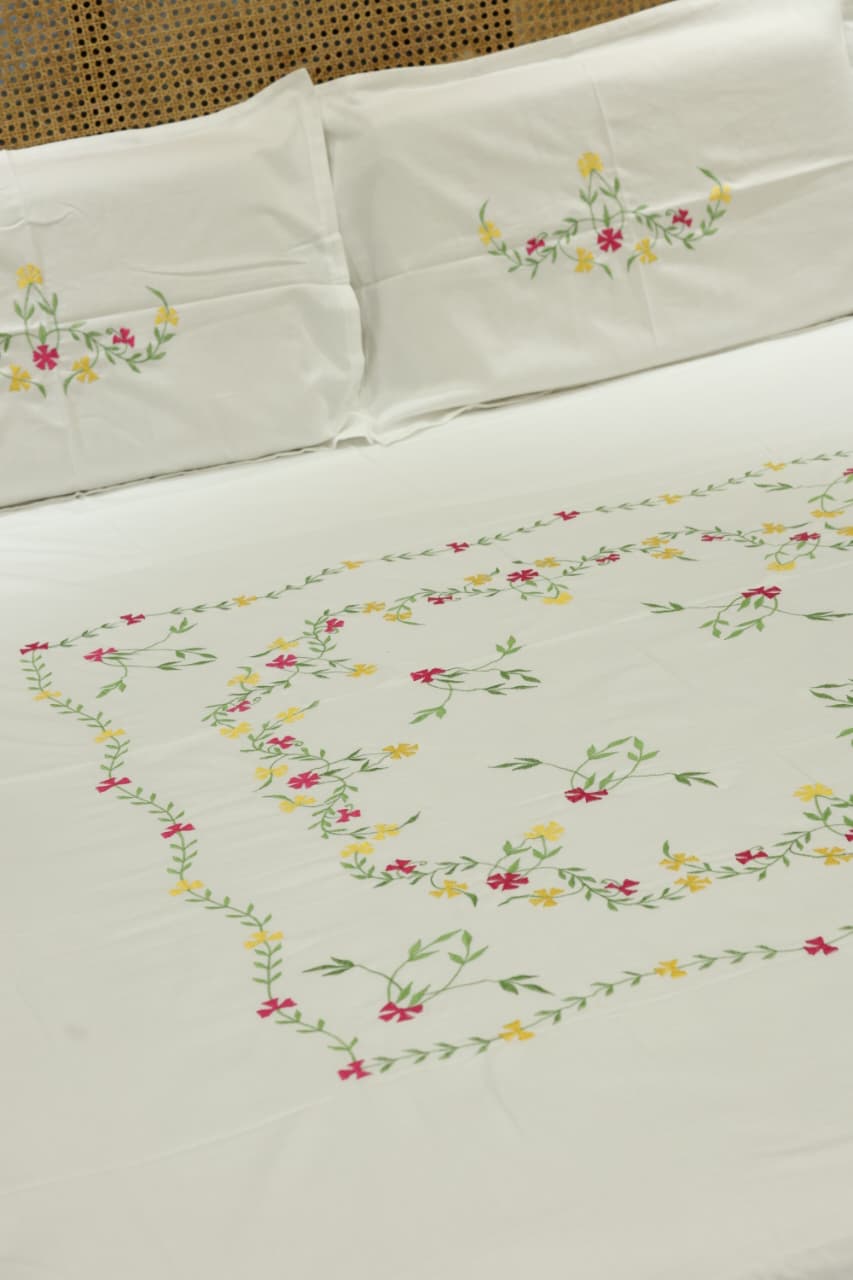 King Size Premium Machine Embroidery Bedsheet Set with 2 Pillow Covers (108x108")