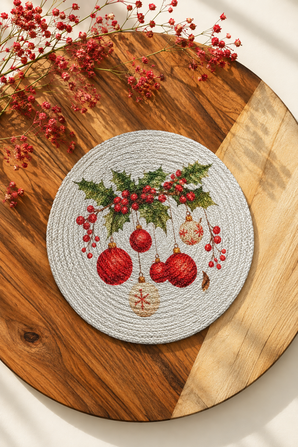 Christmas Baubles & Holly Woven Coaster
