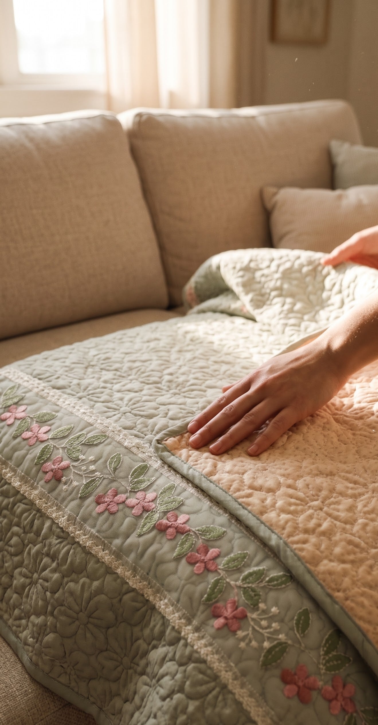 Sofa protector ( meter per) description embroidery (pale sage green)