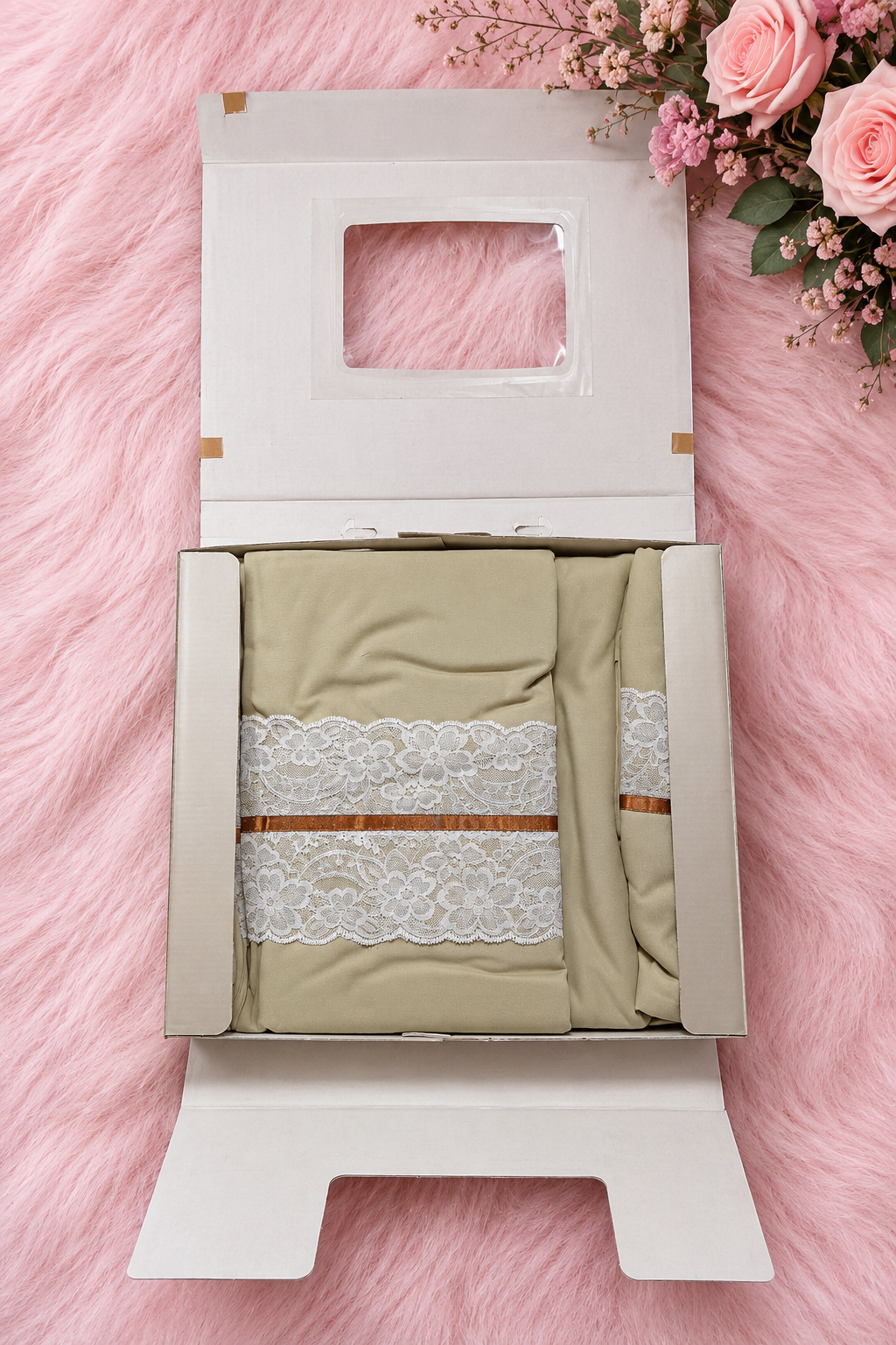 Bedsheets 5pcs set - Premium King soft cotton Ribbon lace bedsheets majestic