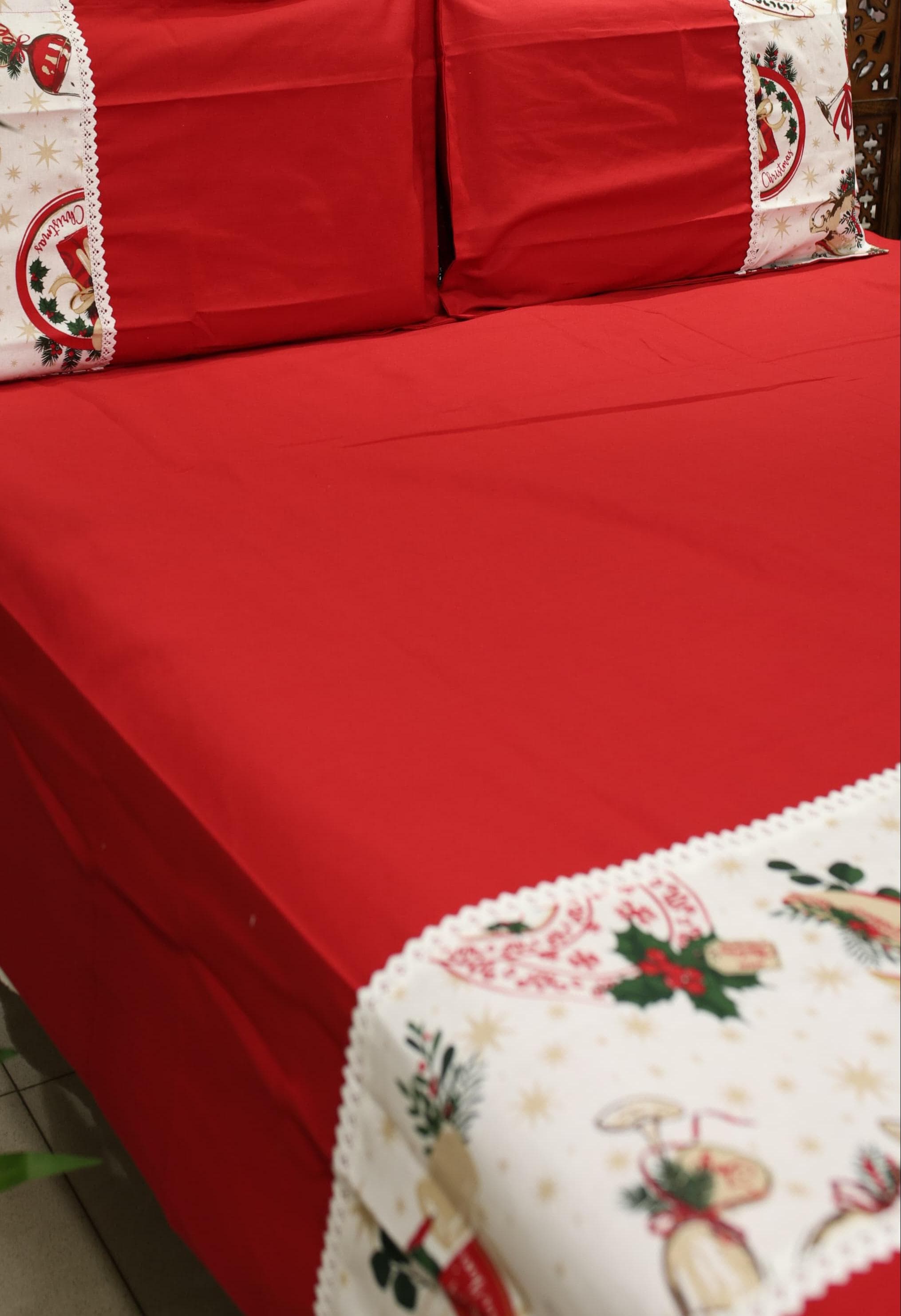 Bedsheets - Queen Premium check floral embroidery  bedsheet Xmas theme edition