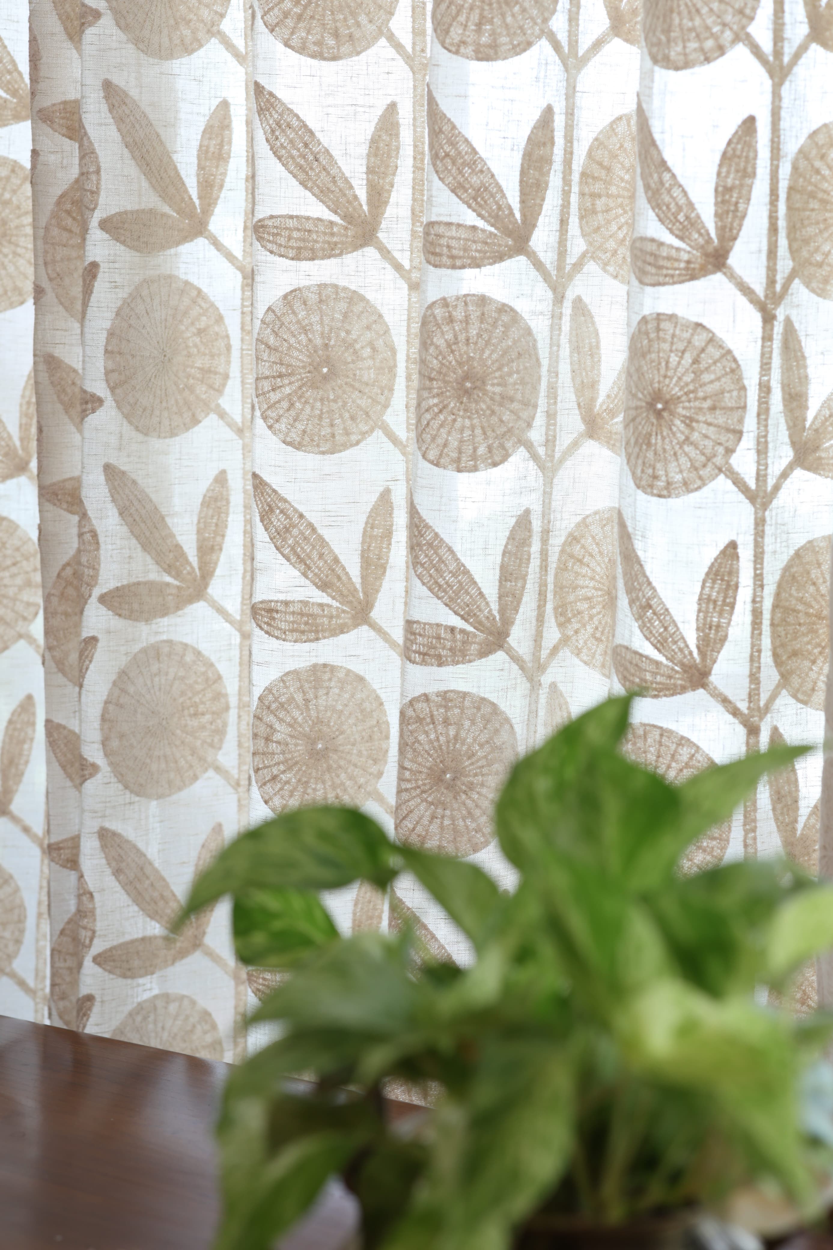 Premium Beige Floral Applique - Feel Embroidery Sheer Curtain
