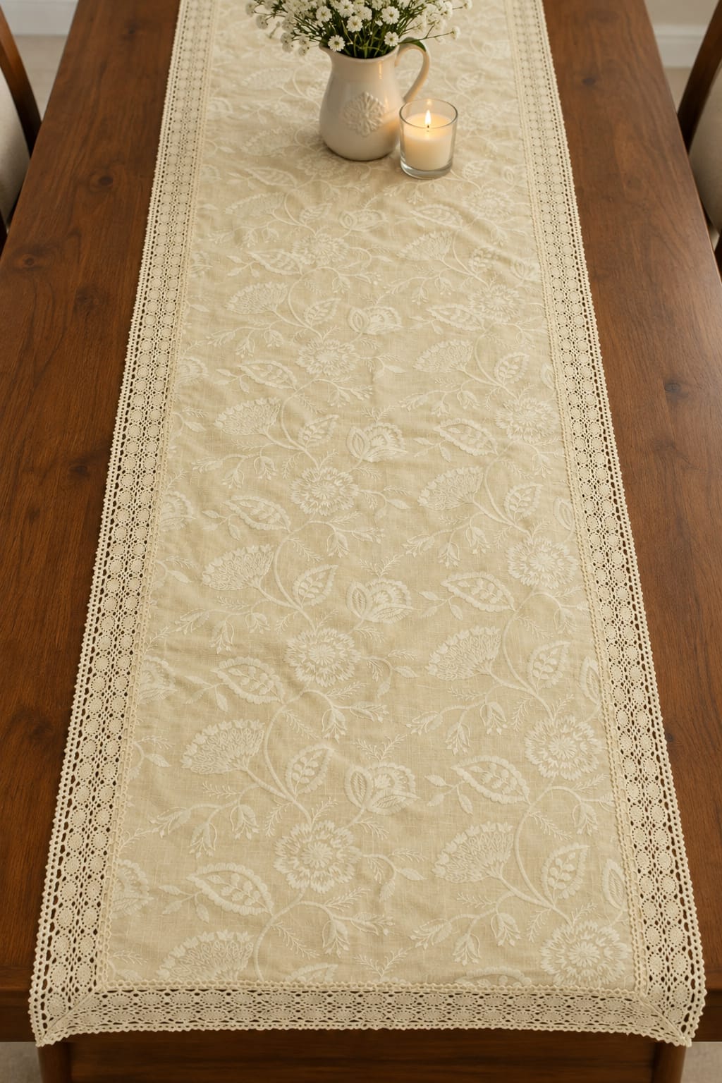 Embroidered Floral 6 Seater Table Runner with Lace Border