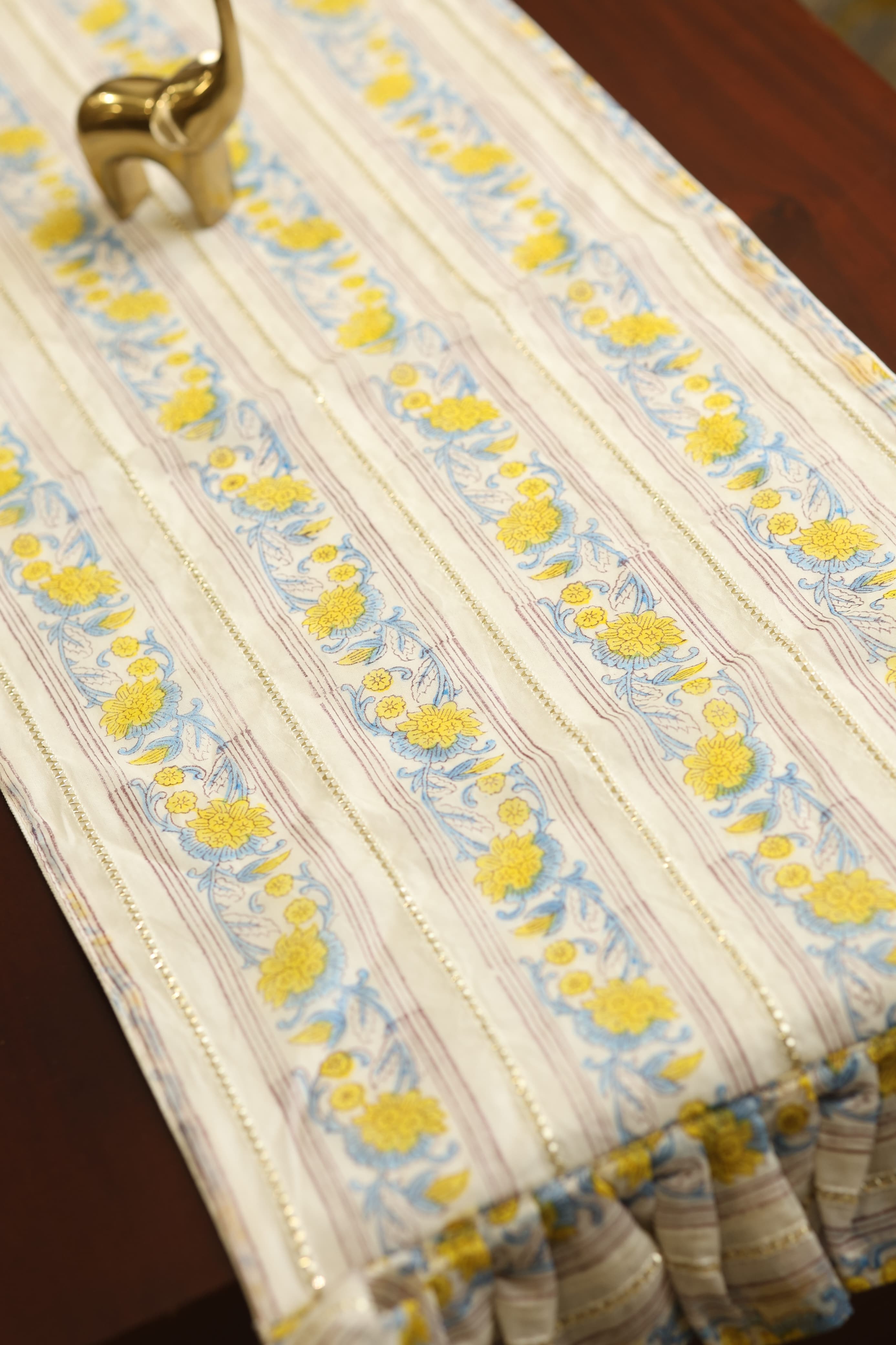 Onam Handblock Table Runner with Ruffled Edges - 4 seater