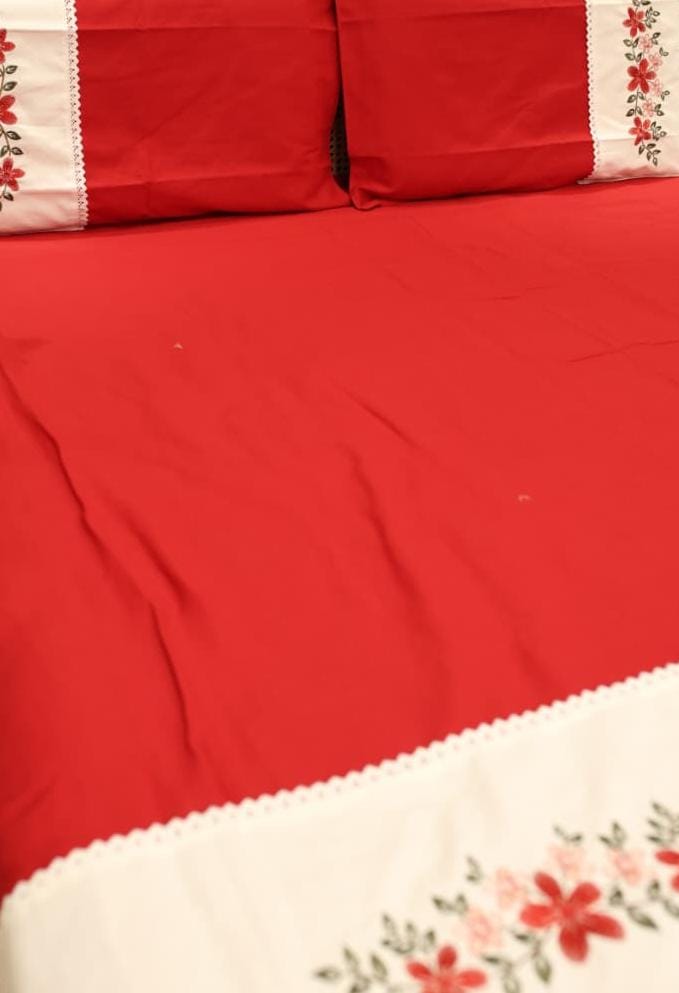 Bedsheets - Queen Premium check floral embroidery  bedsheet Xmas theme edition