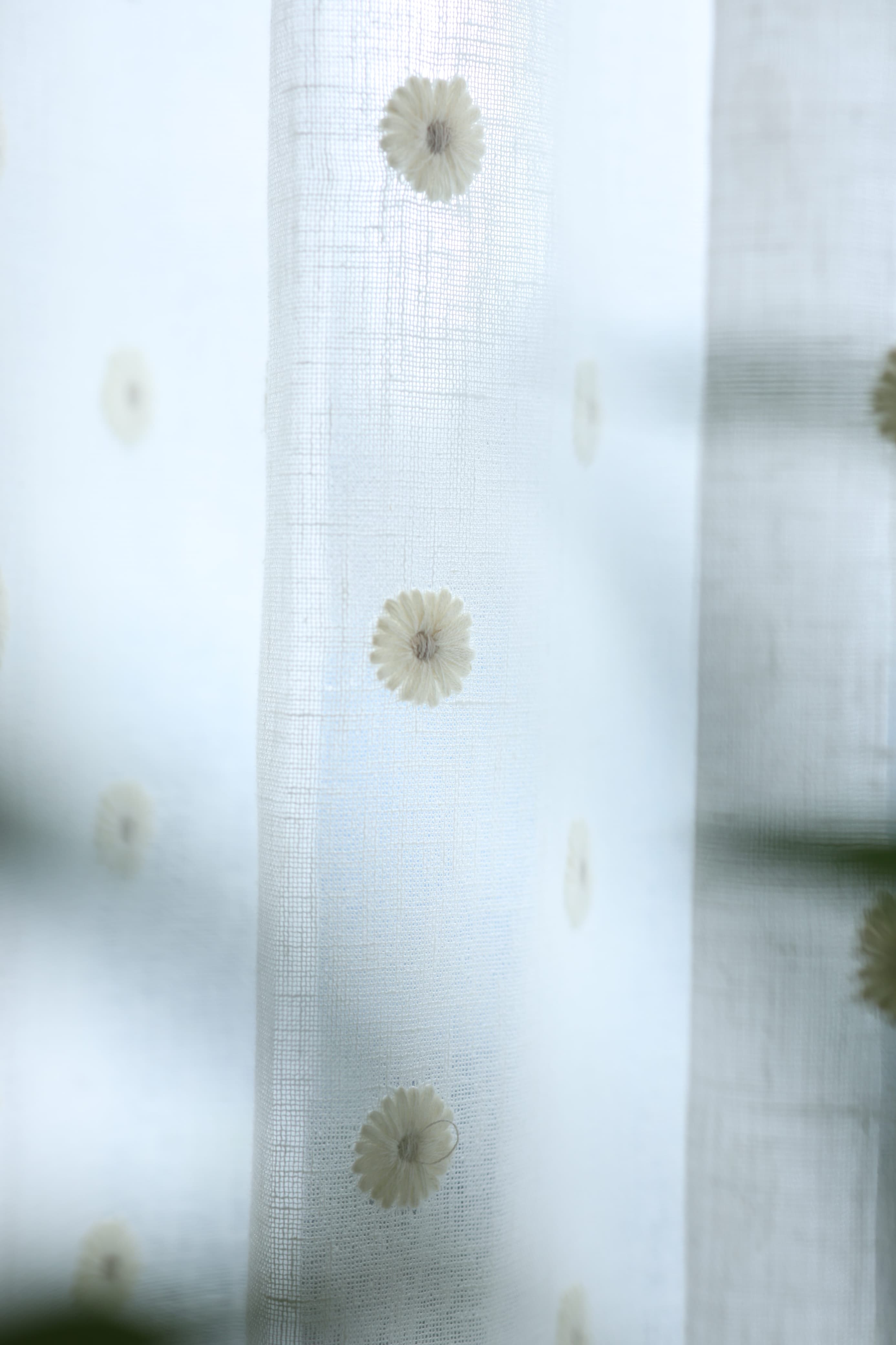 Premium Floral daisy embroidery Sheer Curtain : Cream/ off white  / White