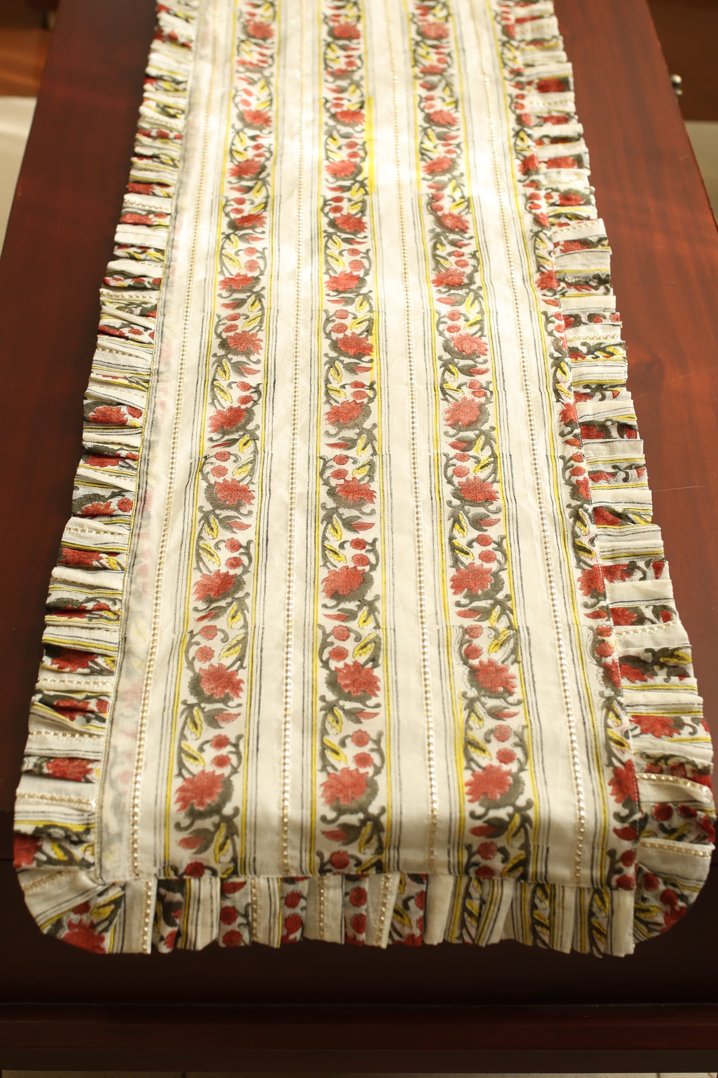Onam Handblock Table Runner with Ruffled Edges - 4 seater