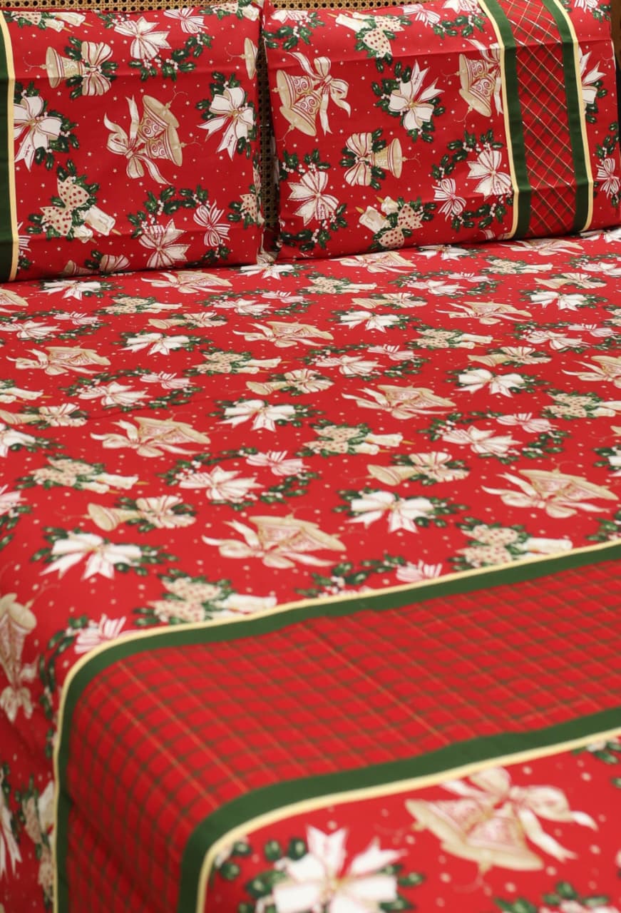 Bedsheets - Queen Premium check floral embroidery  bedsheet Xmas theme edition