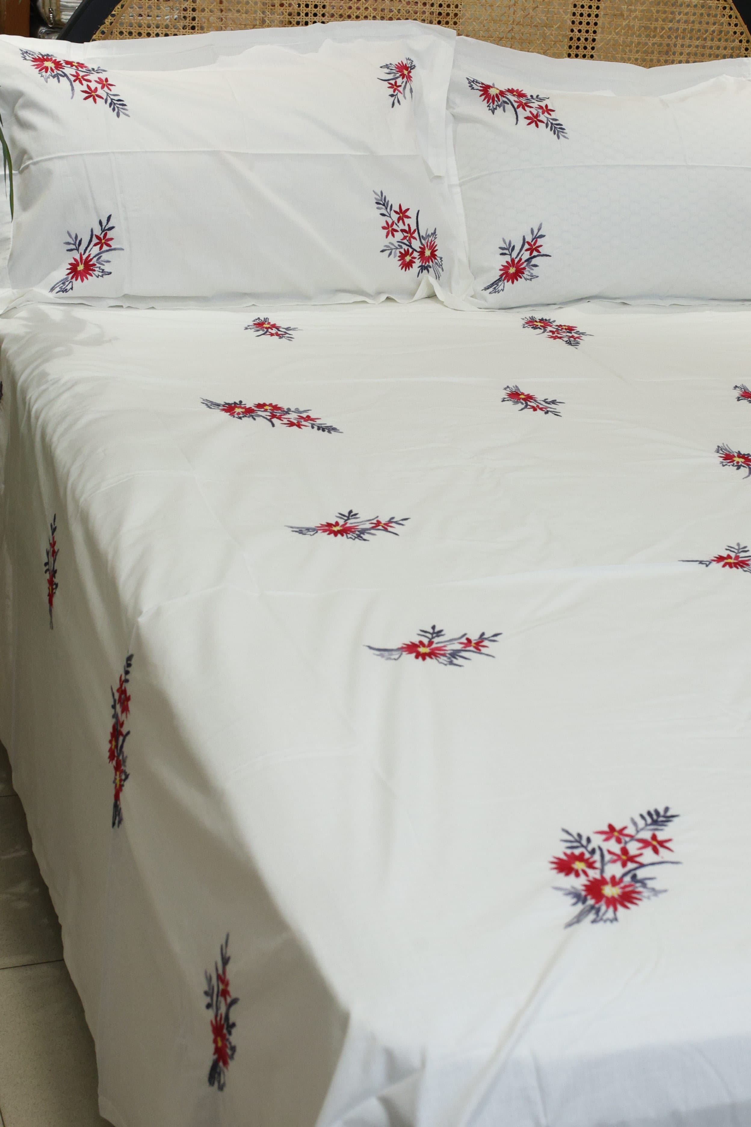 Premium Hand Embroidery Cotton King Size Bedsheet Set with 2 Pillow Covers HEK