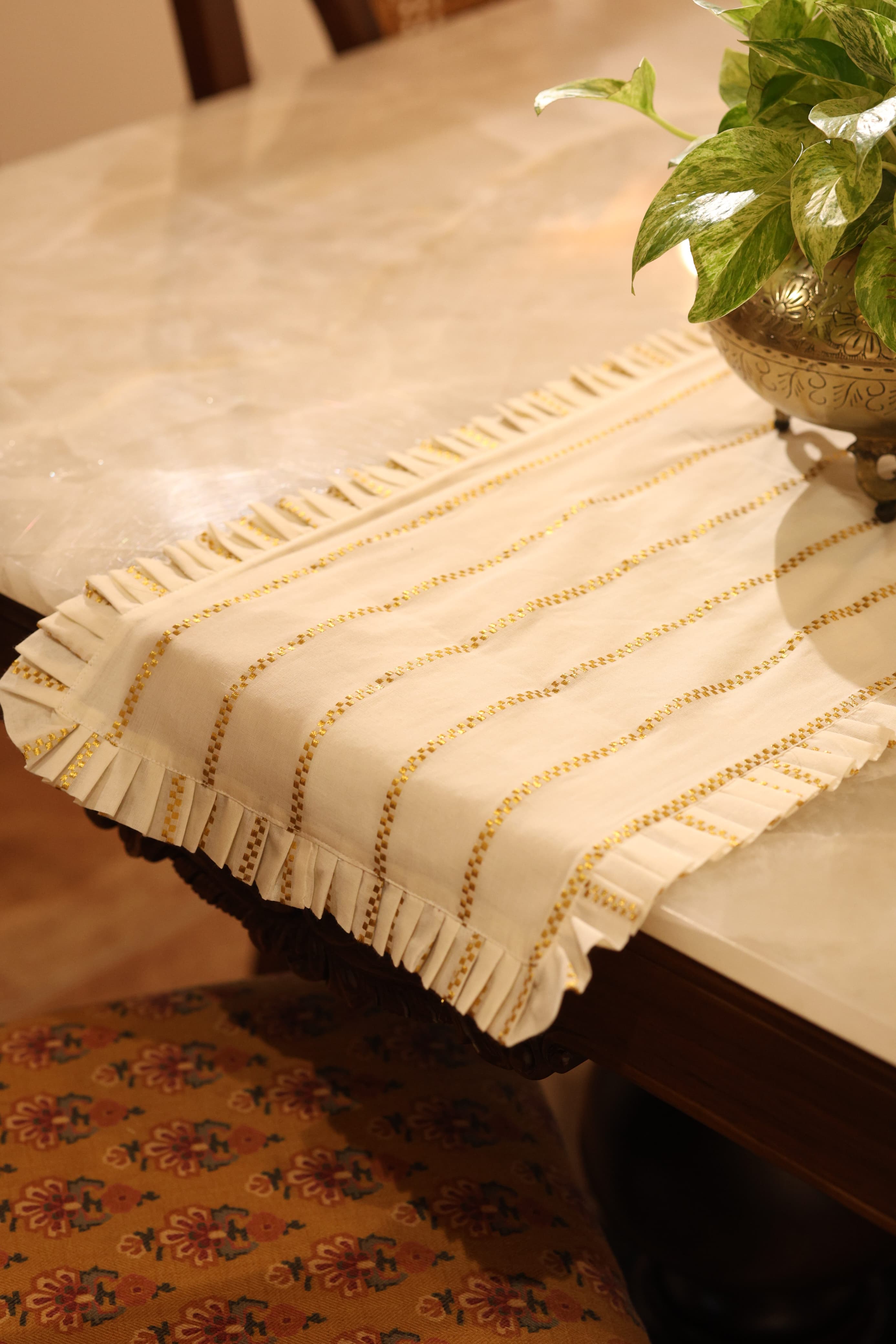 Onam Striped Table Runner with Ruffled Edges - 4 seater