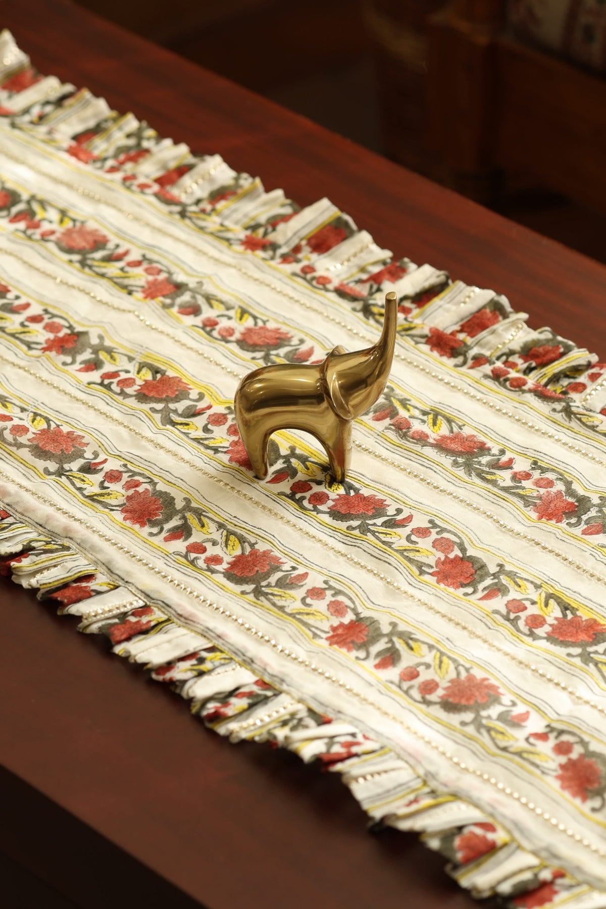 Onam Handblock Table Runner with Ruffled Edges - 4 seater