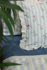 Bedsheets - Premium king floral printed lace bedsheet with cushion covers Blue bud