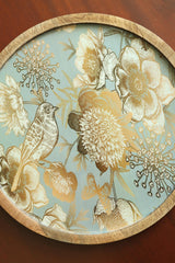 Round Platter Tray with Grey Gold Birds Design Enamel Coated Serving Tray