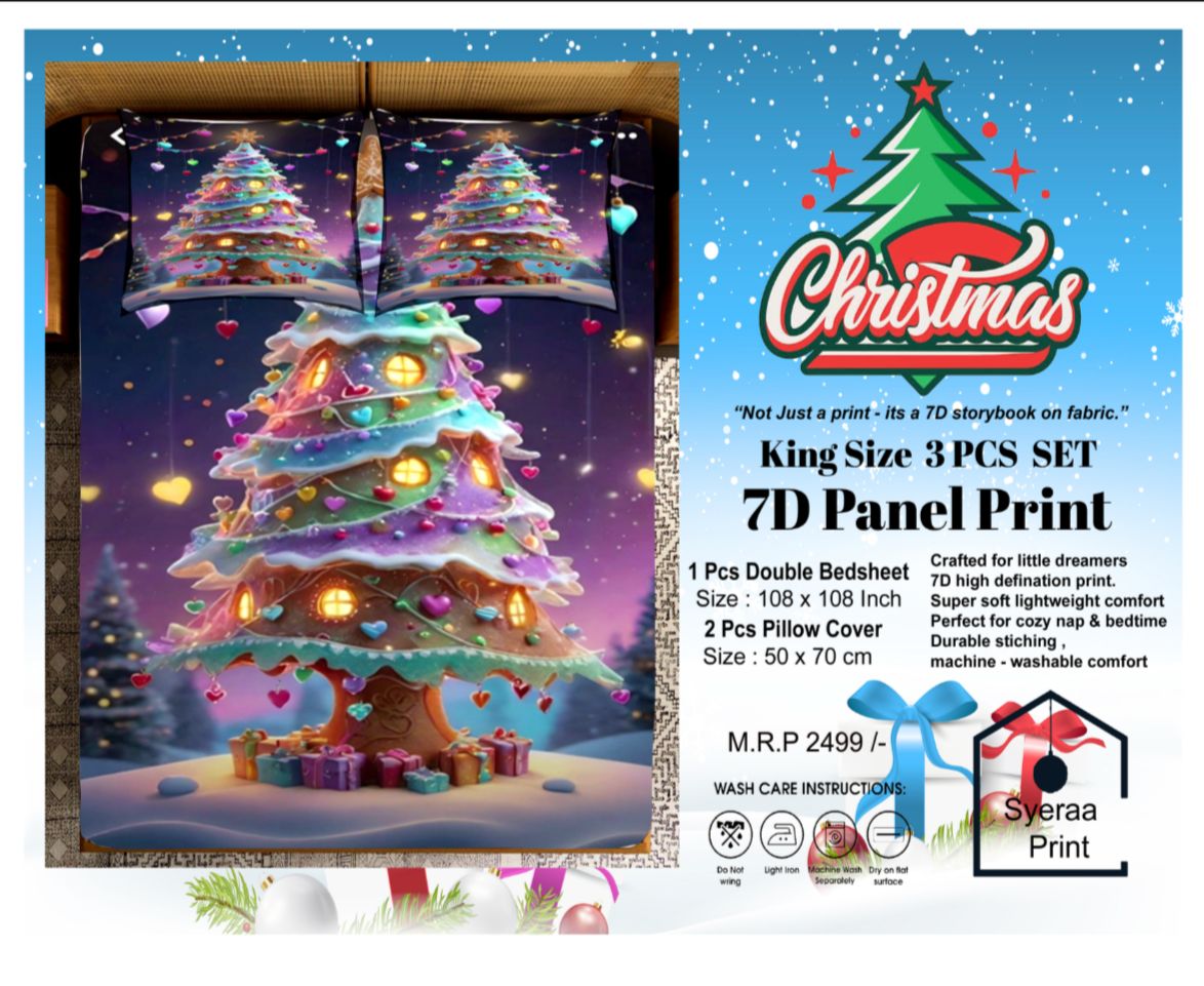 King size 7D Panel Print Bedsheet Set Xmas Edition
