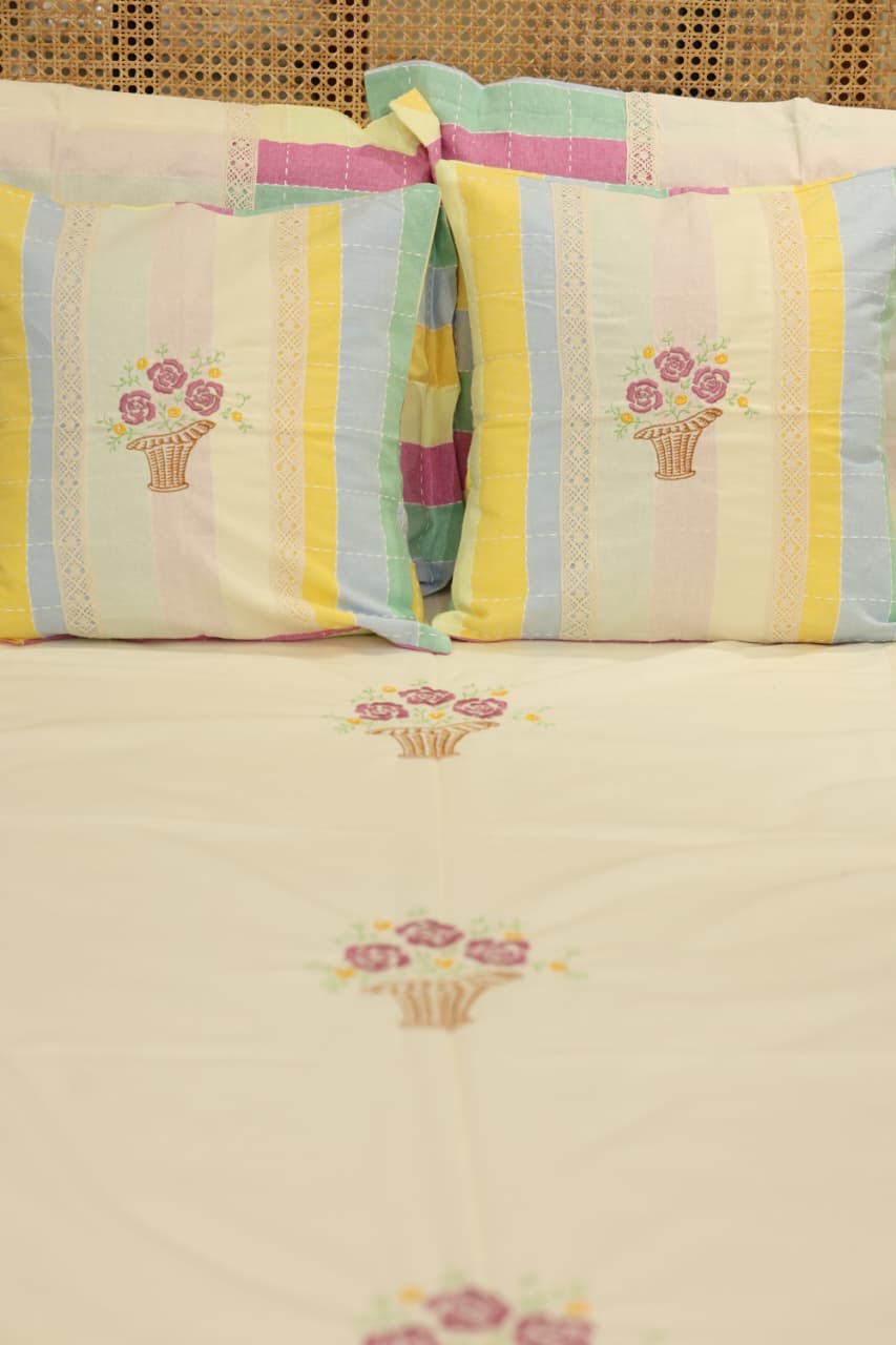 Pastel Stripe Premium Embroidery Cotton King Size Bedspread Set