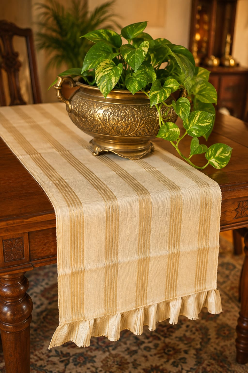 Onam Striped Table Runner with Ruffled Edges - 6 seater