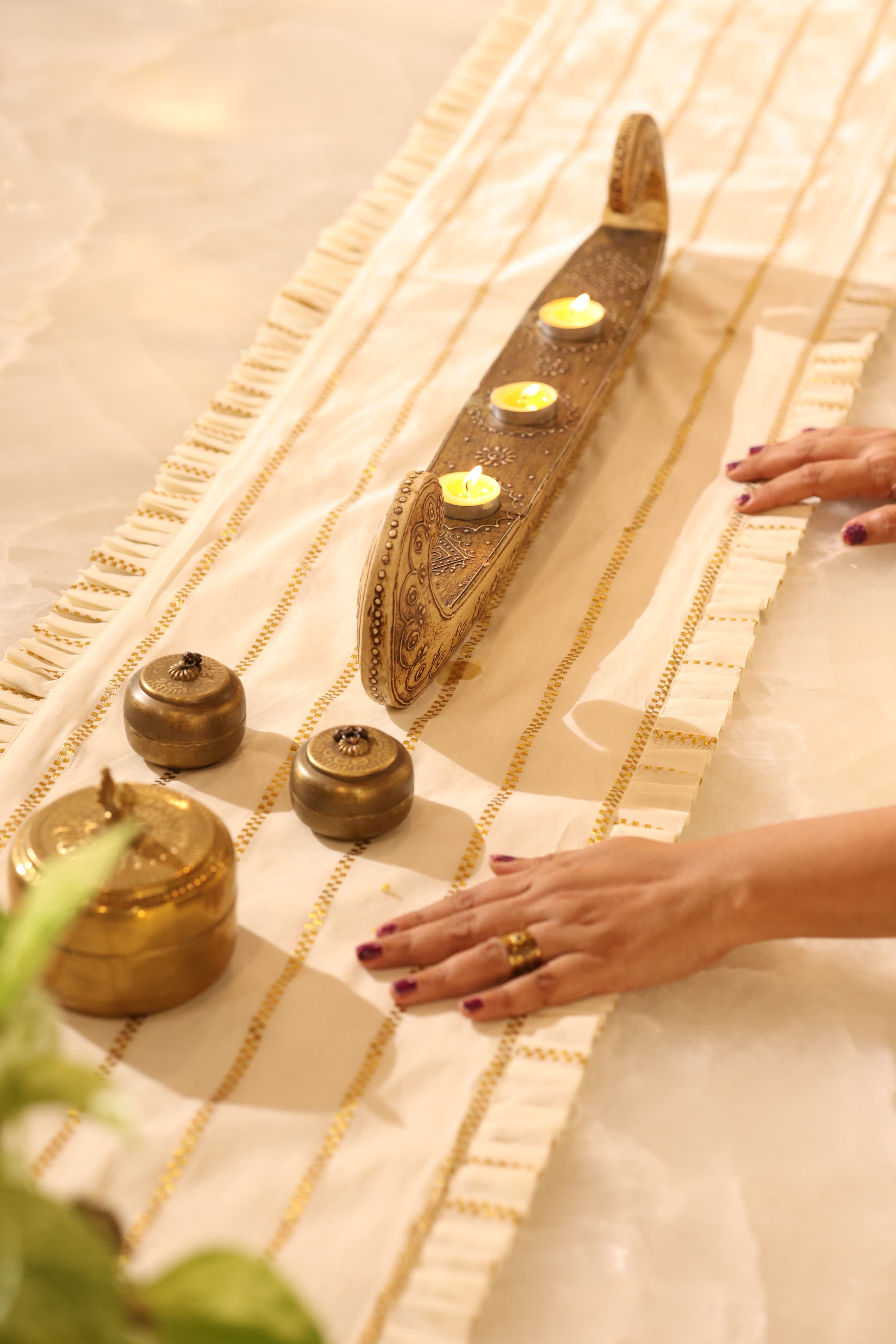 Onam Striped Table Runner with Ruffled Edges - 4 seater