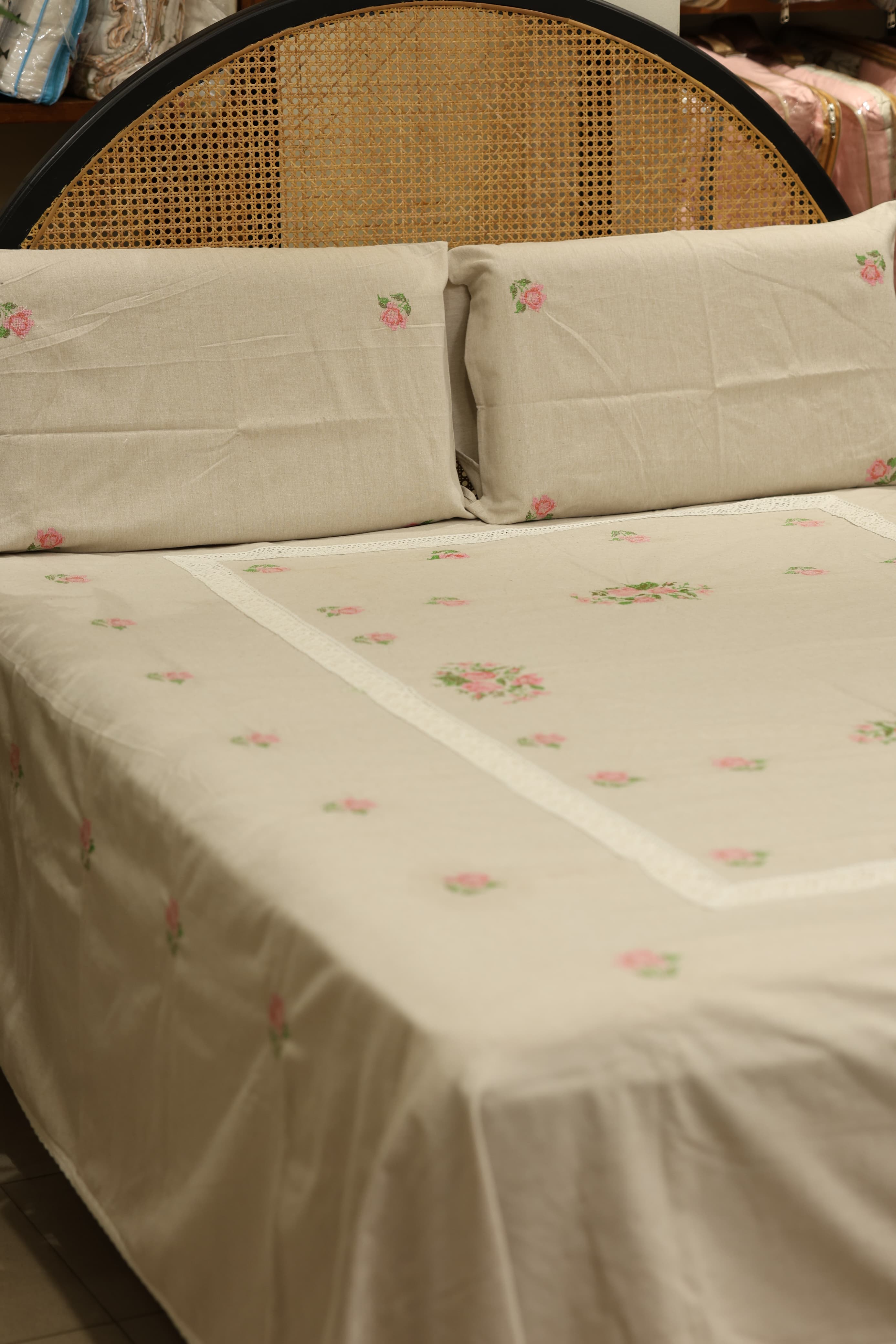 Premium Cross stitch Embroidery Cotton King Size Bedspread Set