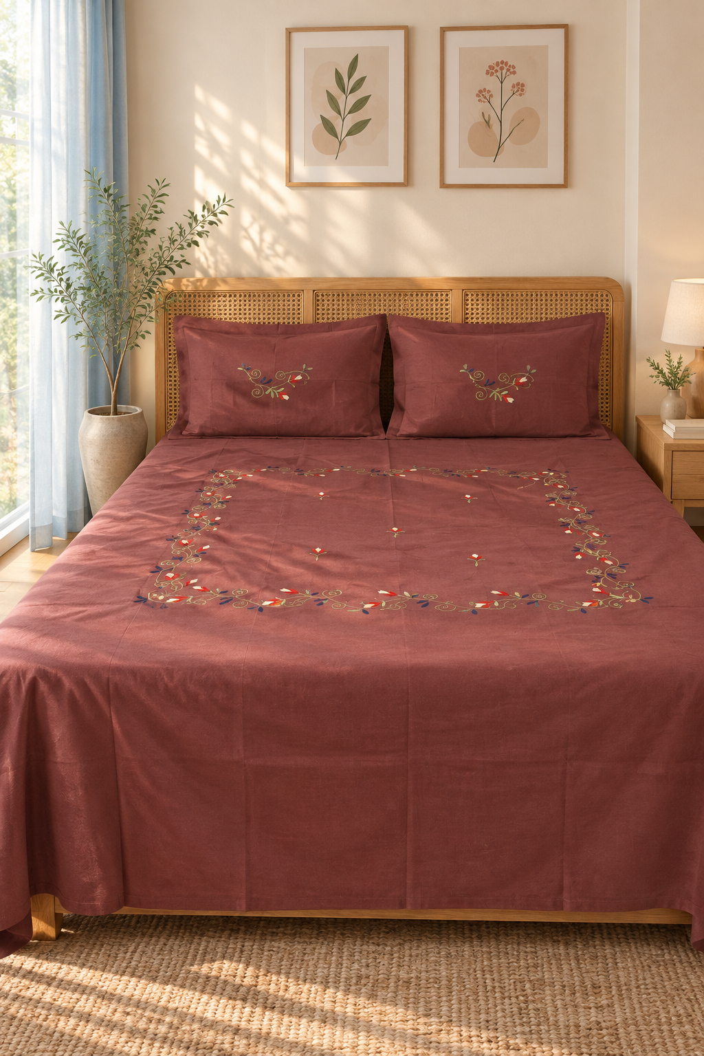 Queen Size Premium Machine Embroidery Bedsheet Set with 2 Pillow Covers (90x100)