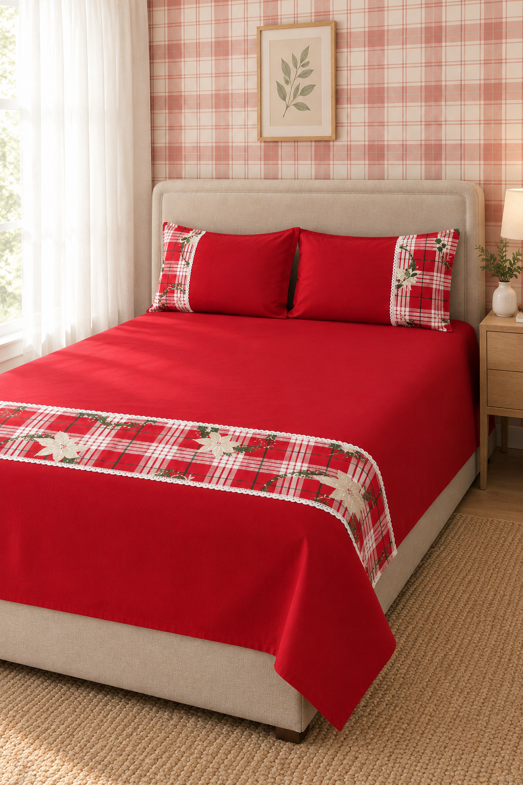 Bedsheets - Queen Premium check floral embroidery  bedsheet Xmas theme edition